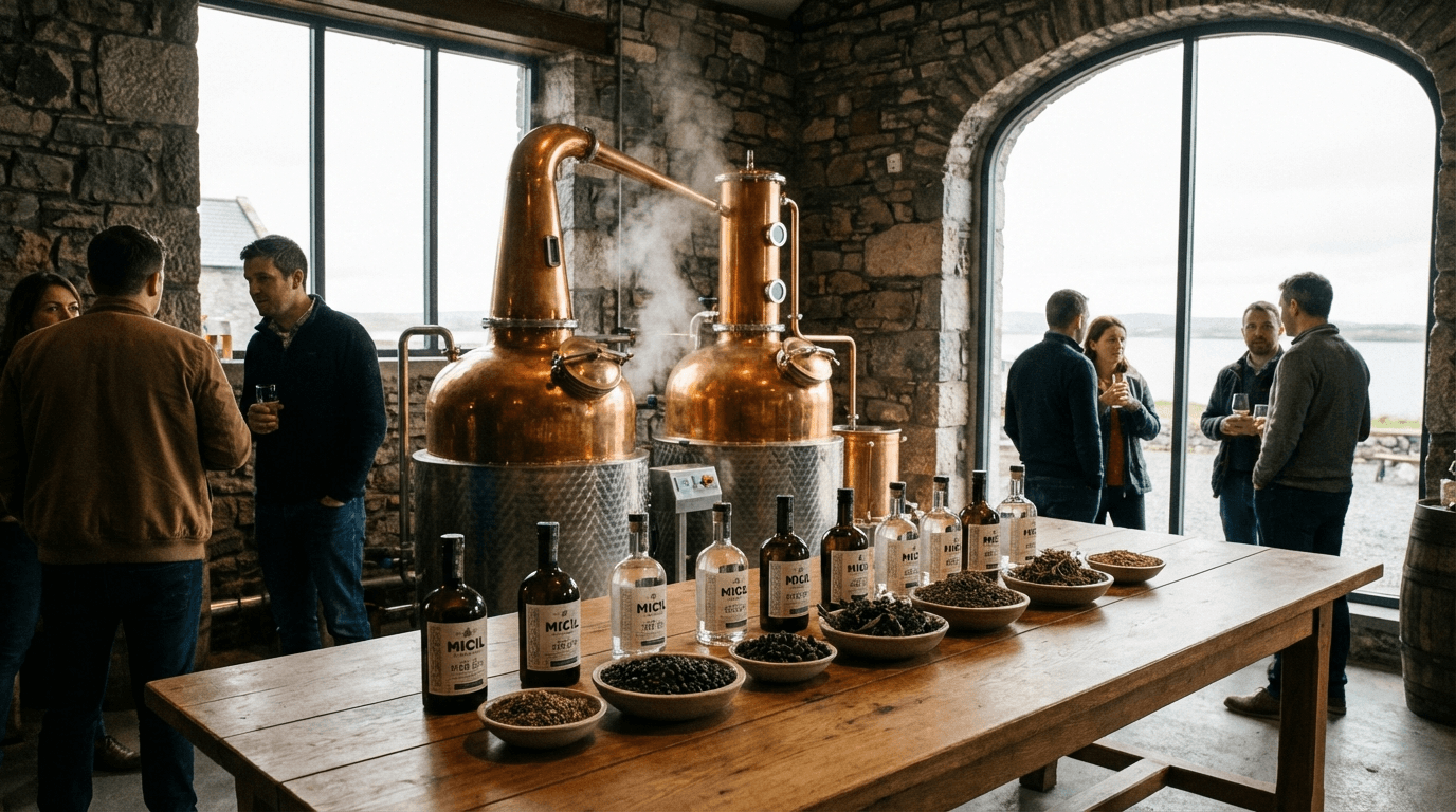 Micil Distillery in Galway with poitín stills, plus selection of Irish gin bottles and botanicals