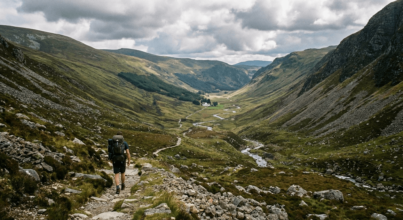 Hiker descending into Glenmalure Valley on the Wicklow Way
