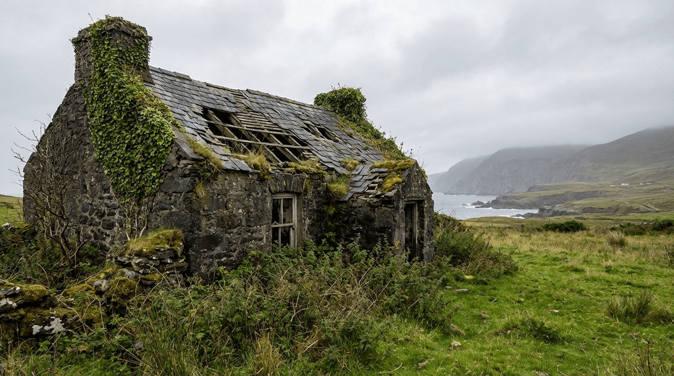 The ruined White O'Morn cottage showing weathered stone walls, collapsed roof, overgrown vegetation, poignant sense of time passed