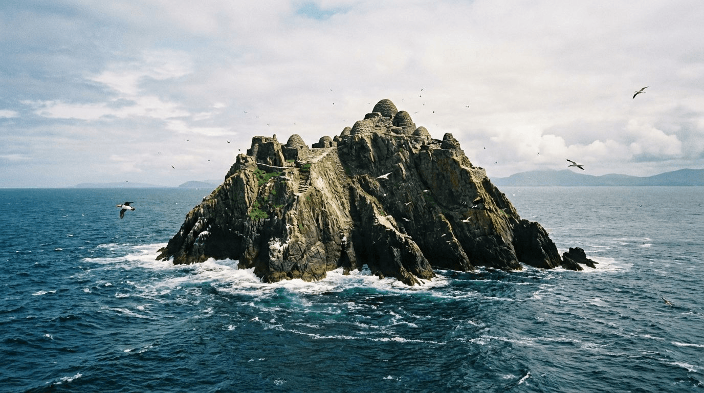Skellig Michael island rising from the Atlantic Ocean, showing the jagged peak and monastery