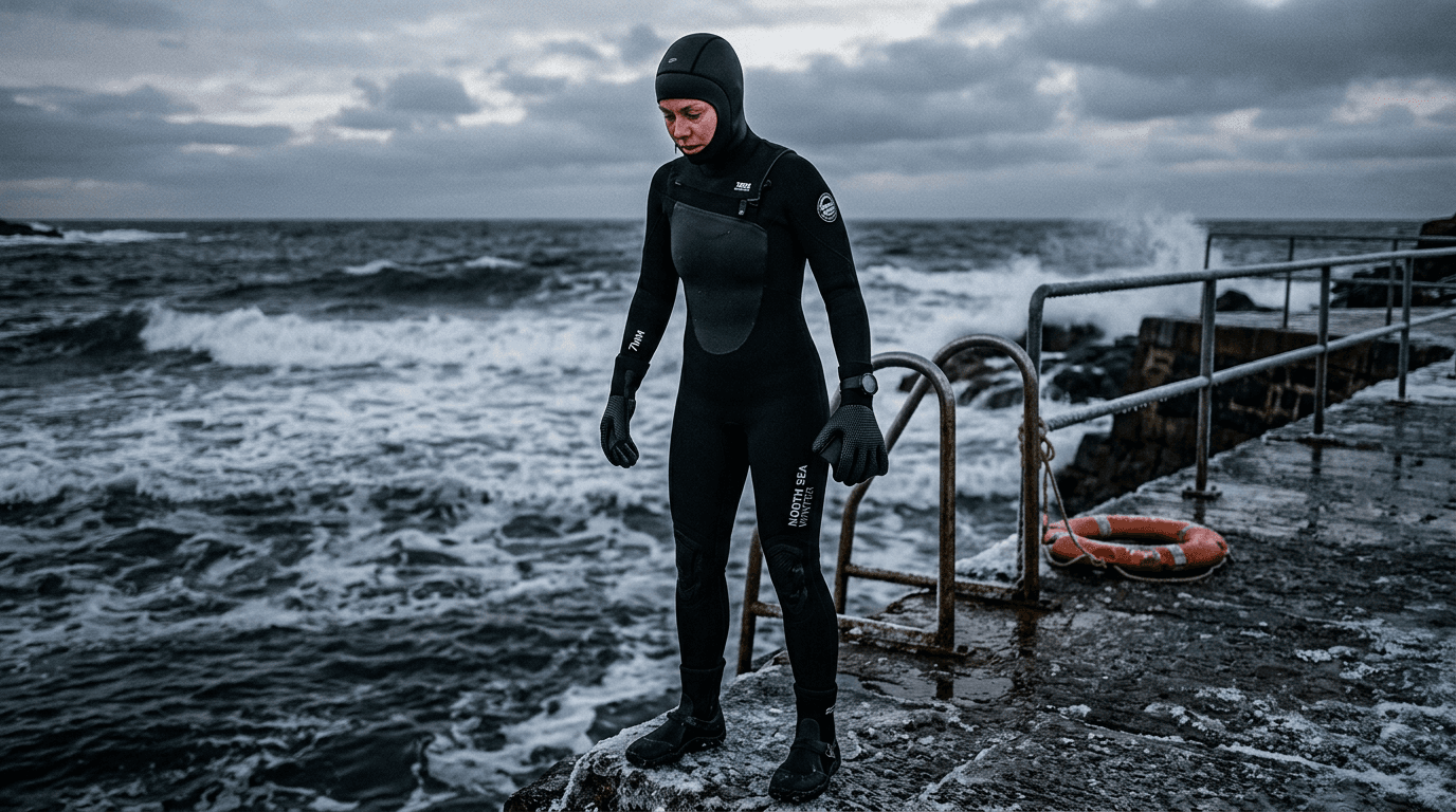 Essential winter wild swimming gear including a neoprene hood, thick gloves, and booties.