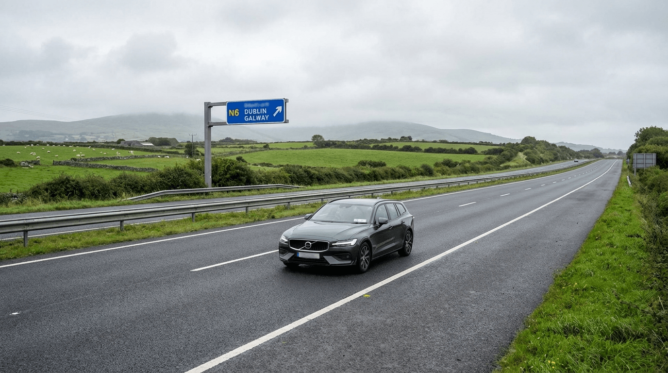 Modern car on Irish motorway with green fields and typical Midlands scenery between Dublin and Galway