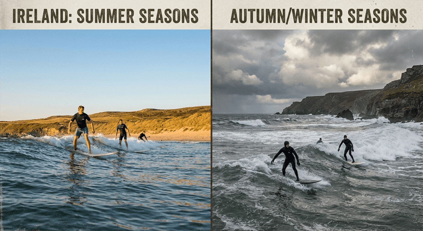 Split composition showing summer and autumn surfing conditions in Ireland