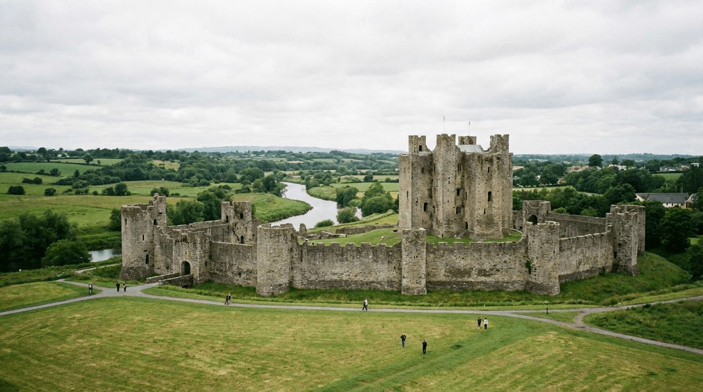 Wide angle view of Trim Castle showing the full extent of the curtain walls, River Boyne in background, open grass foreground
