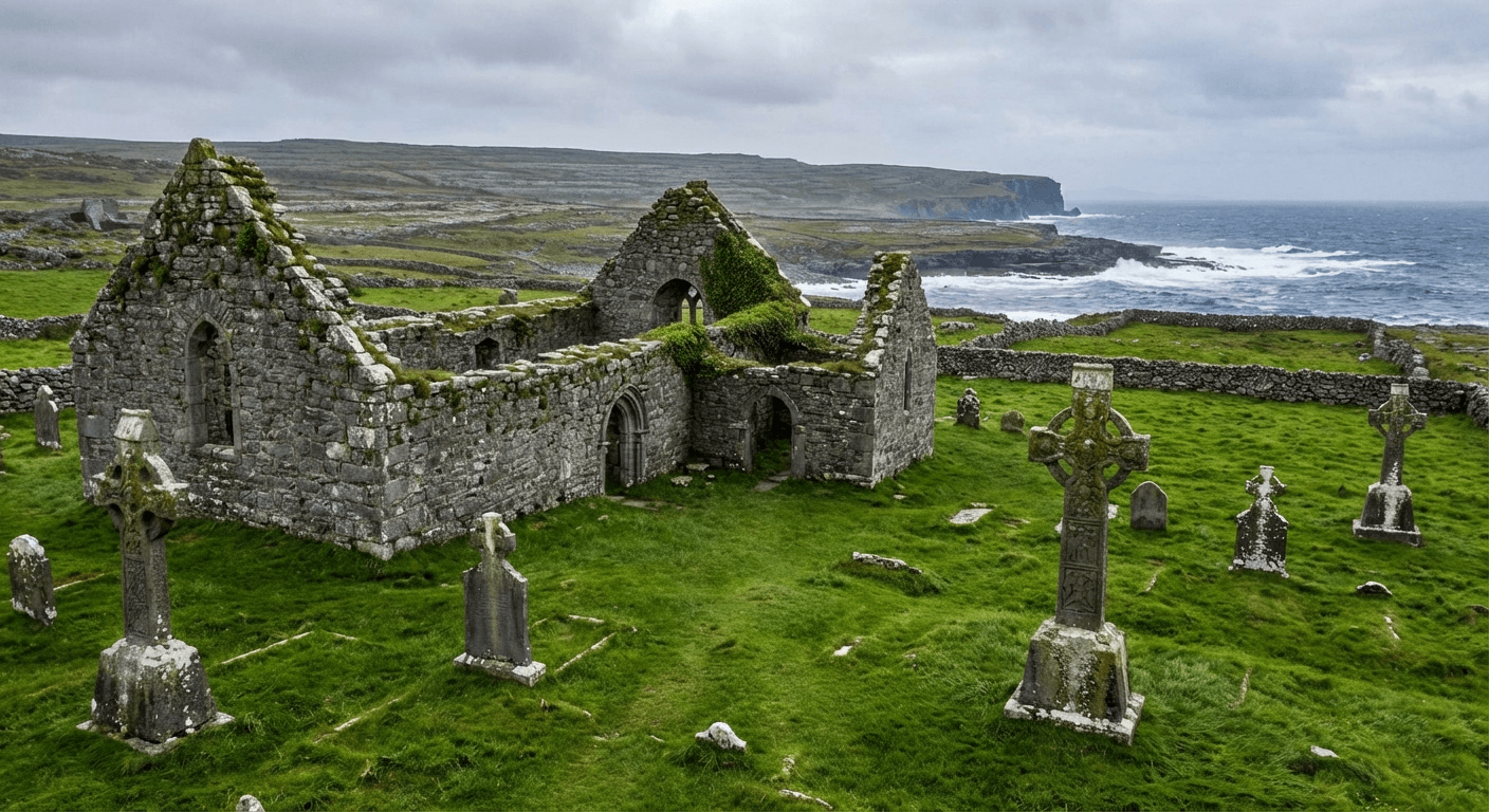 Seven Churches ruins at Inis Mor with stone walls and crosses