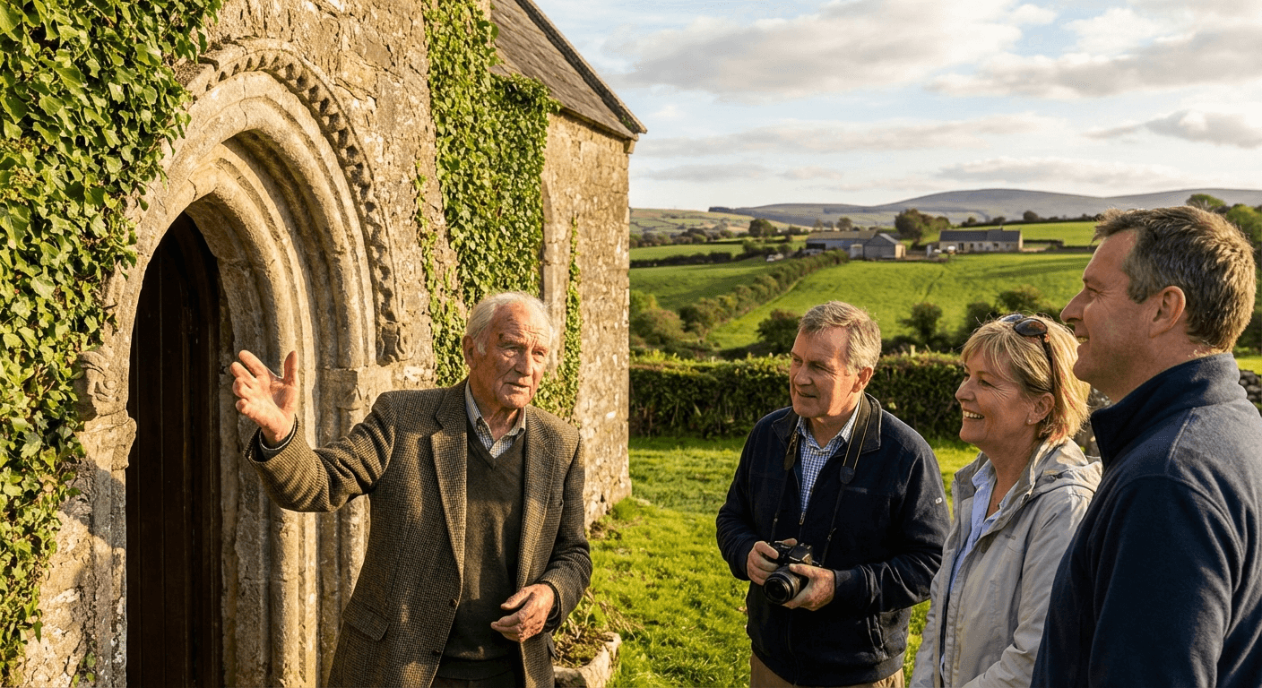 A local historical guide explaining Rock of Cashel architecture to visitors