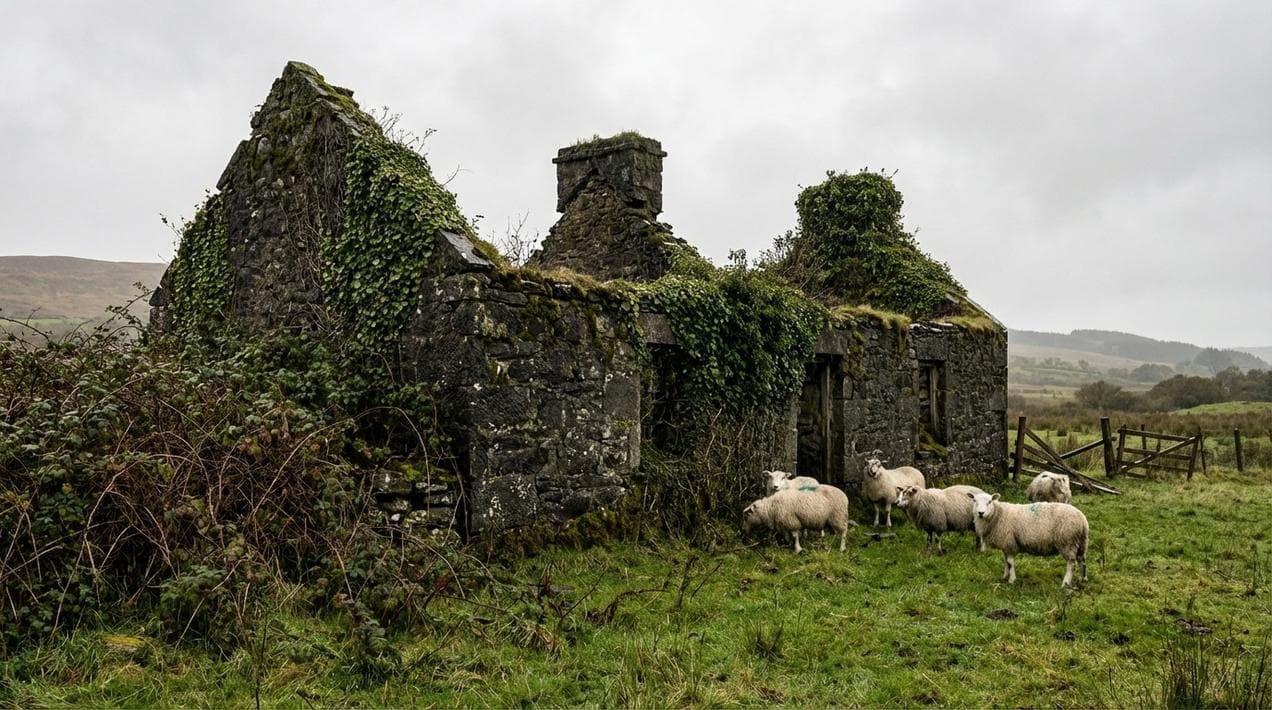 An overgrown ancestral cottage ruin in an Irish field.