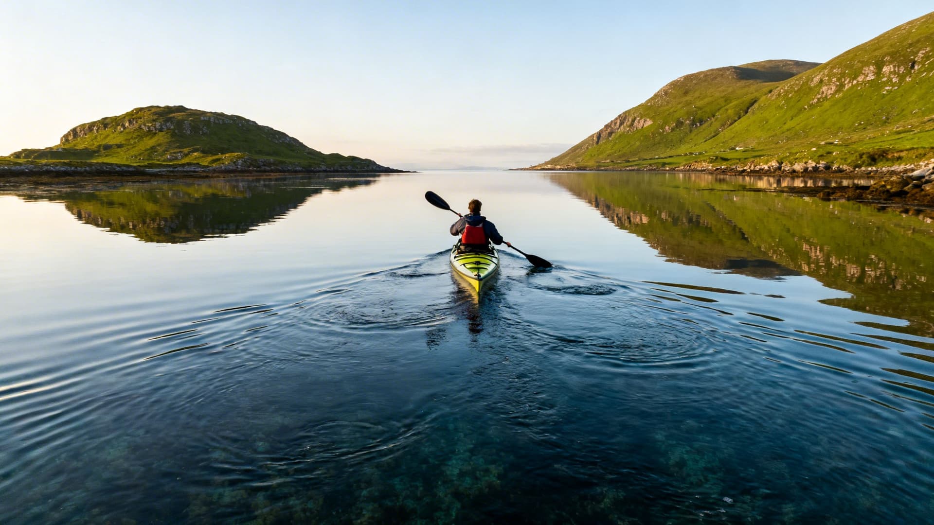 A kayaker paddling through the sheltered Portmagee Channel, Valentia Island on the right, Kerry mainland on the left