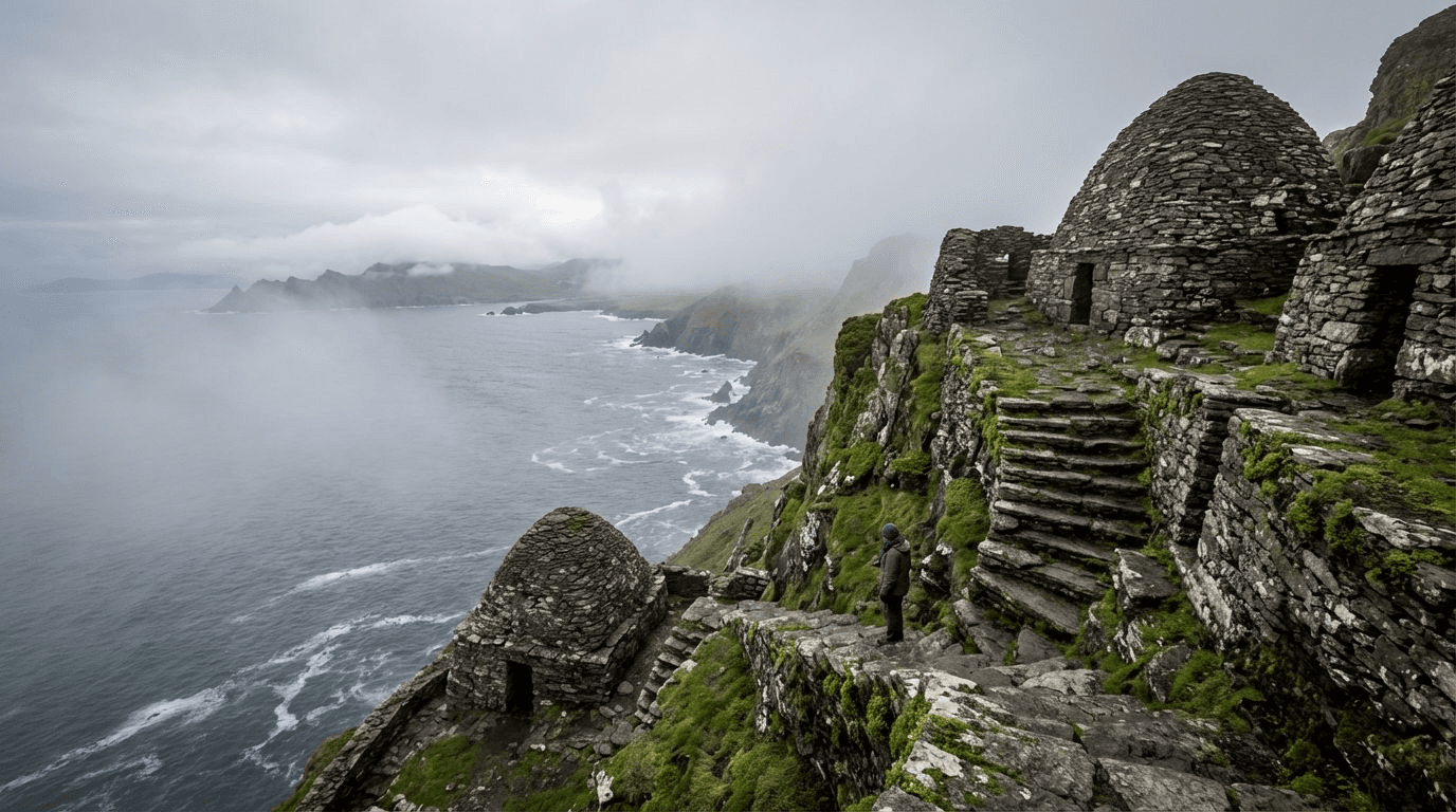 The ancient stone beehive huts and steps on Skellig Michael with misty Atlantic backdrop, sense of height and isolation