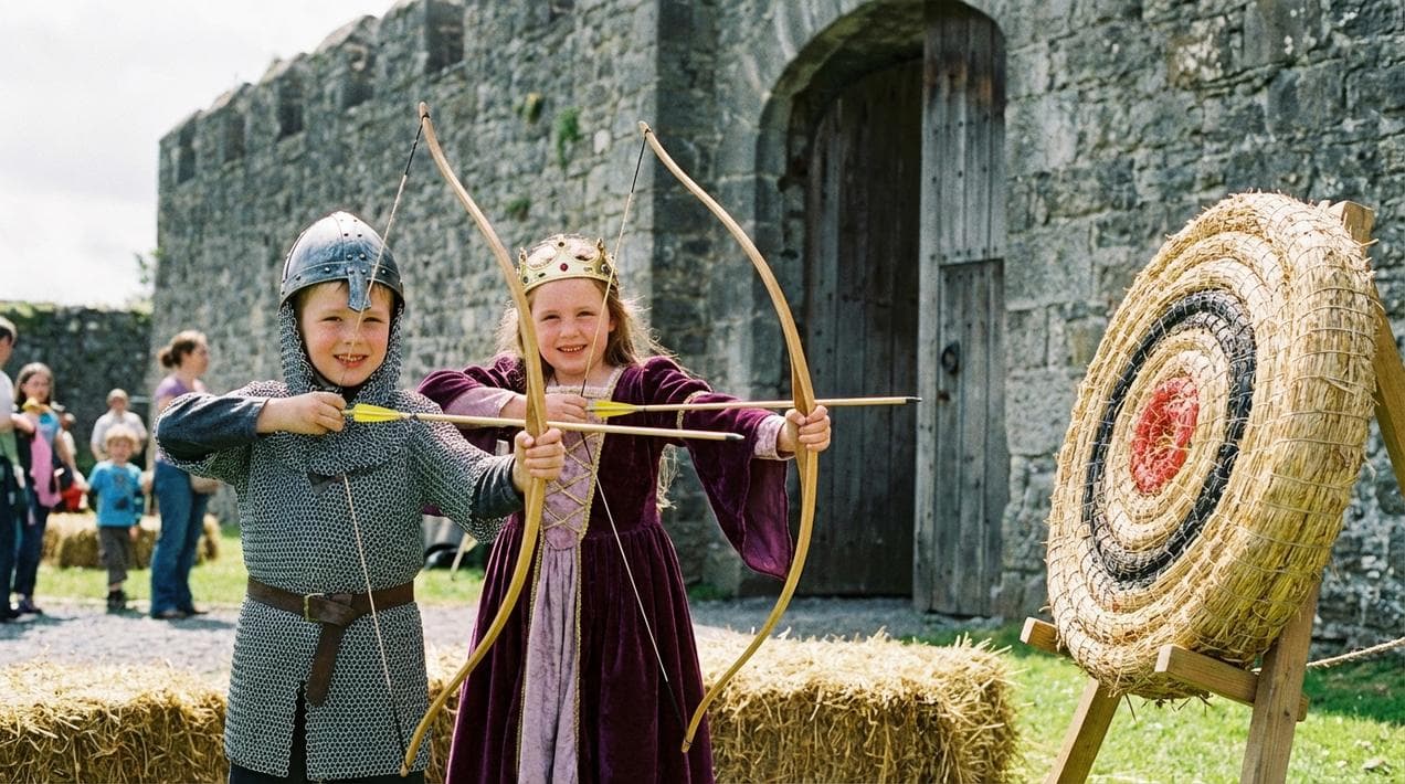 Children dressed in medieval costumes trying archery at the Athenry Heritage Centre.