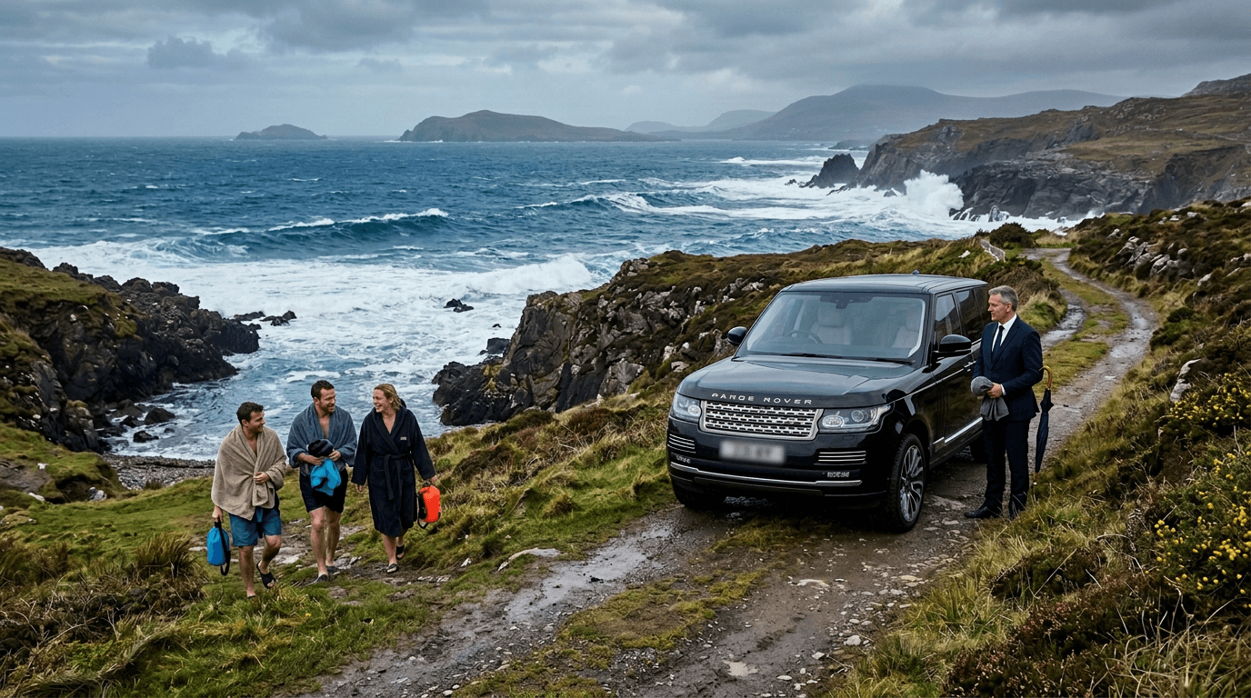 A private driver waiting at a remote coastal location in Ireland after a wild swimming excursion.