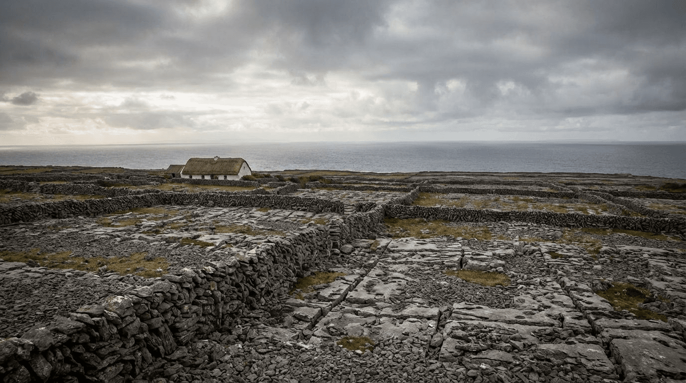 The limestone landscape of Inis Mór with stone walls crisscrossing bare rock, traditional cottage, Atlantic horizon, moody atmospheric light
