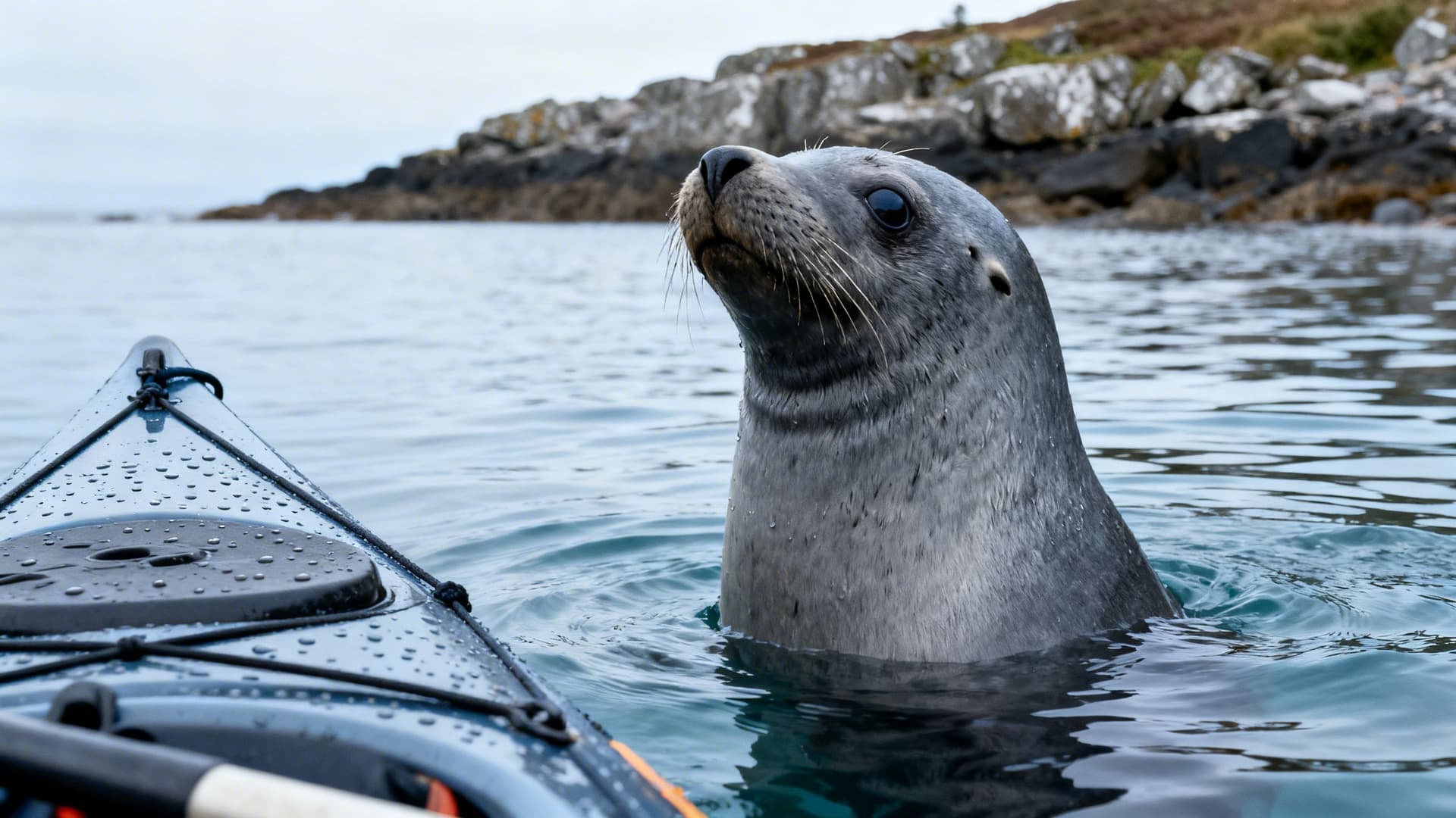 A grey seal surfacing alongside a sea kayak off the Iveragh Peninsula in Kerry, calm Atlantic water