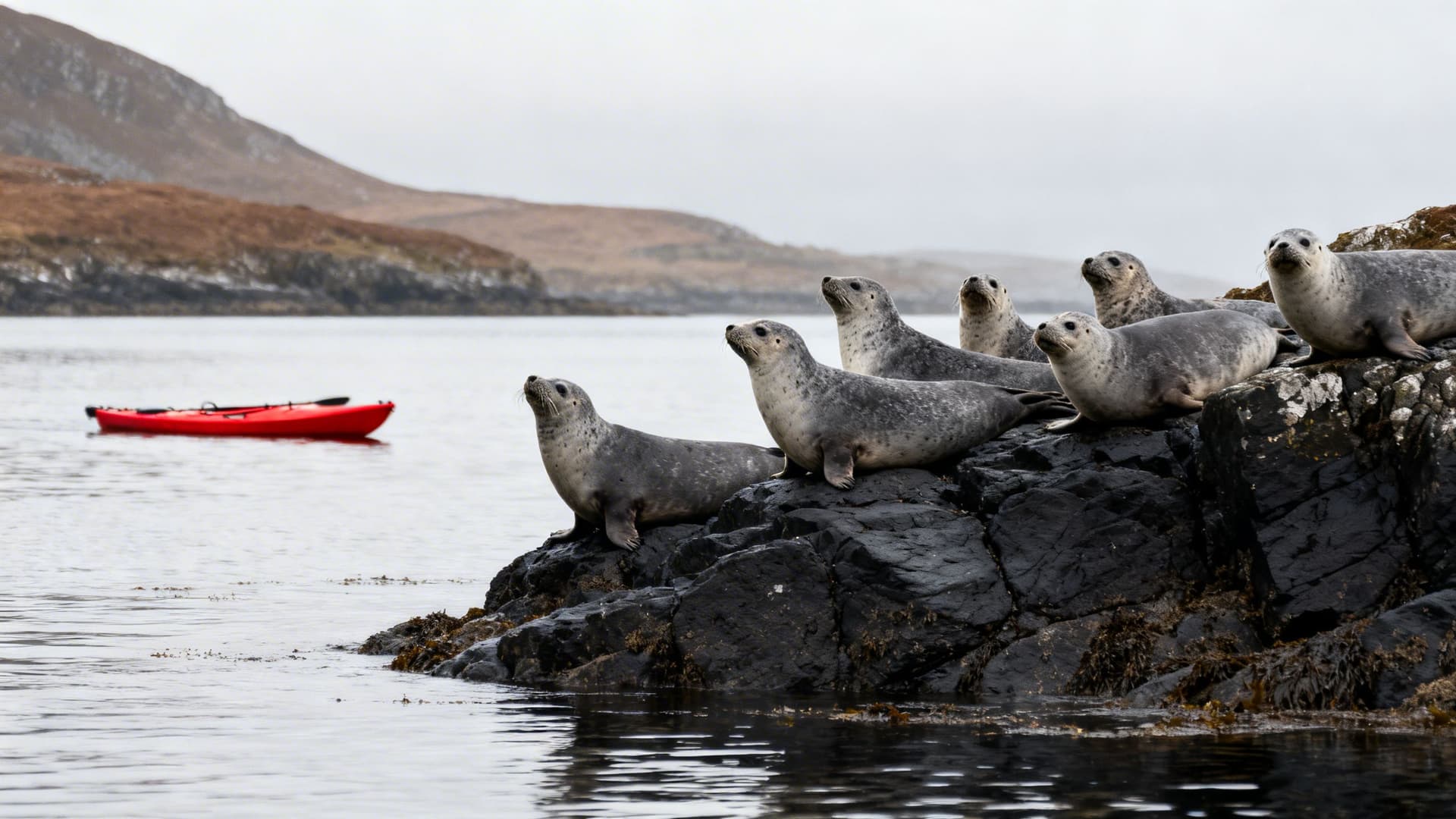 Grey seals hauled out on dark coastal rocks along the Dingle Peninsula, a red sit-on-top kayak visible in the calm water nearby, the seals watching, one seal's head raised