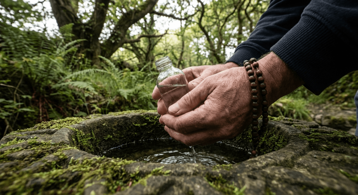Pilgrim's hands collecting water from a stone holy well basin with rosary beads