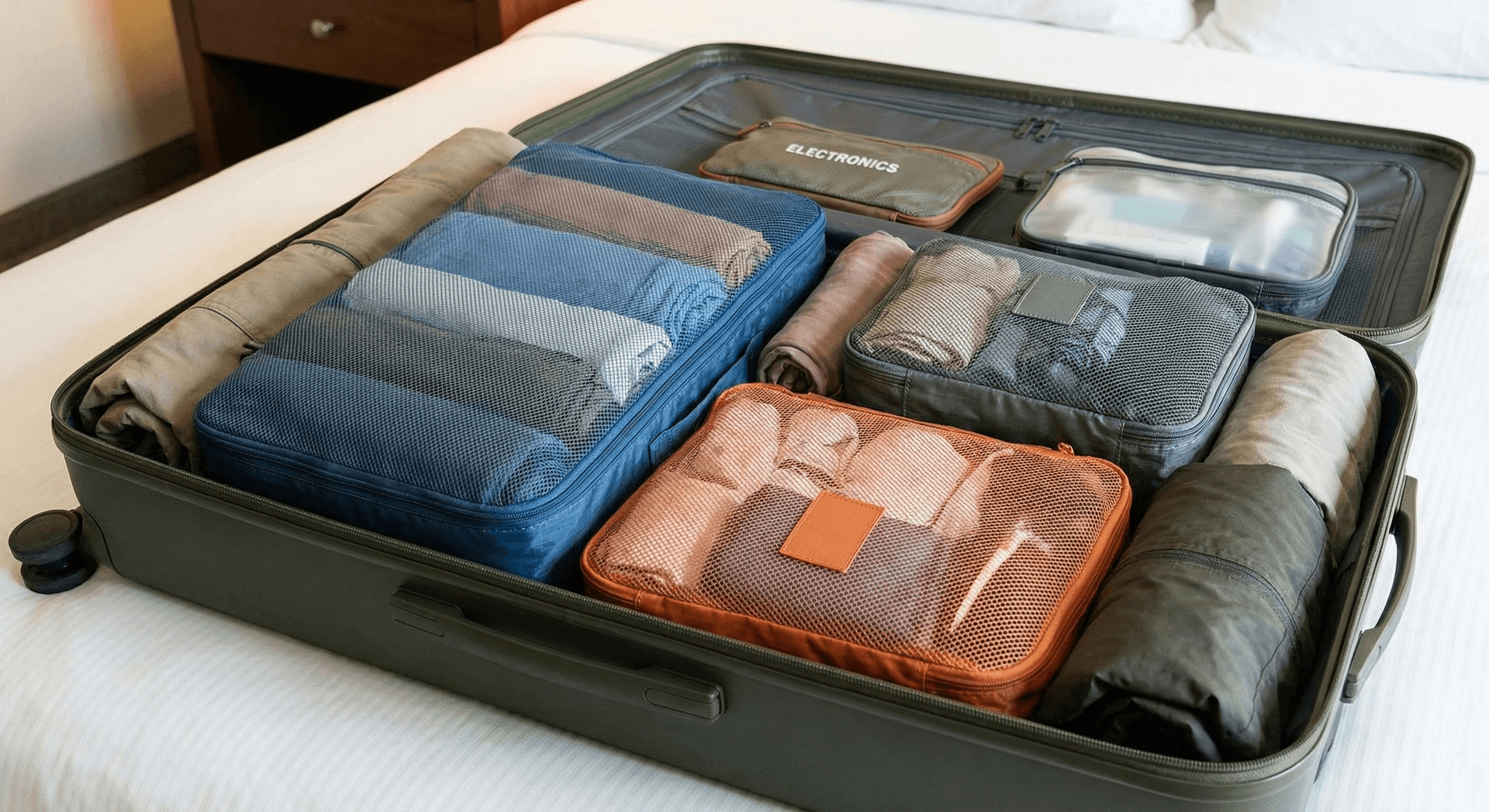 Organized packing cubes in suitcase