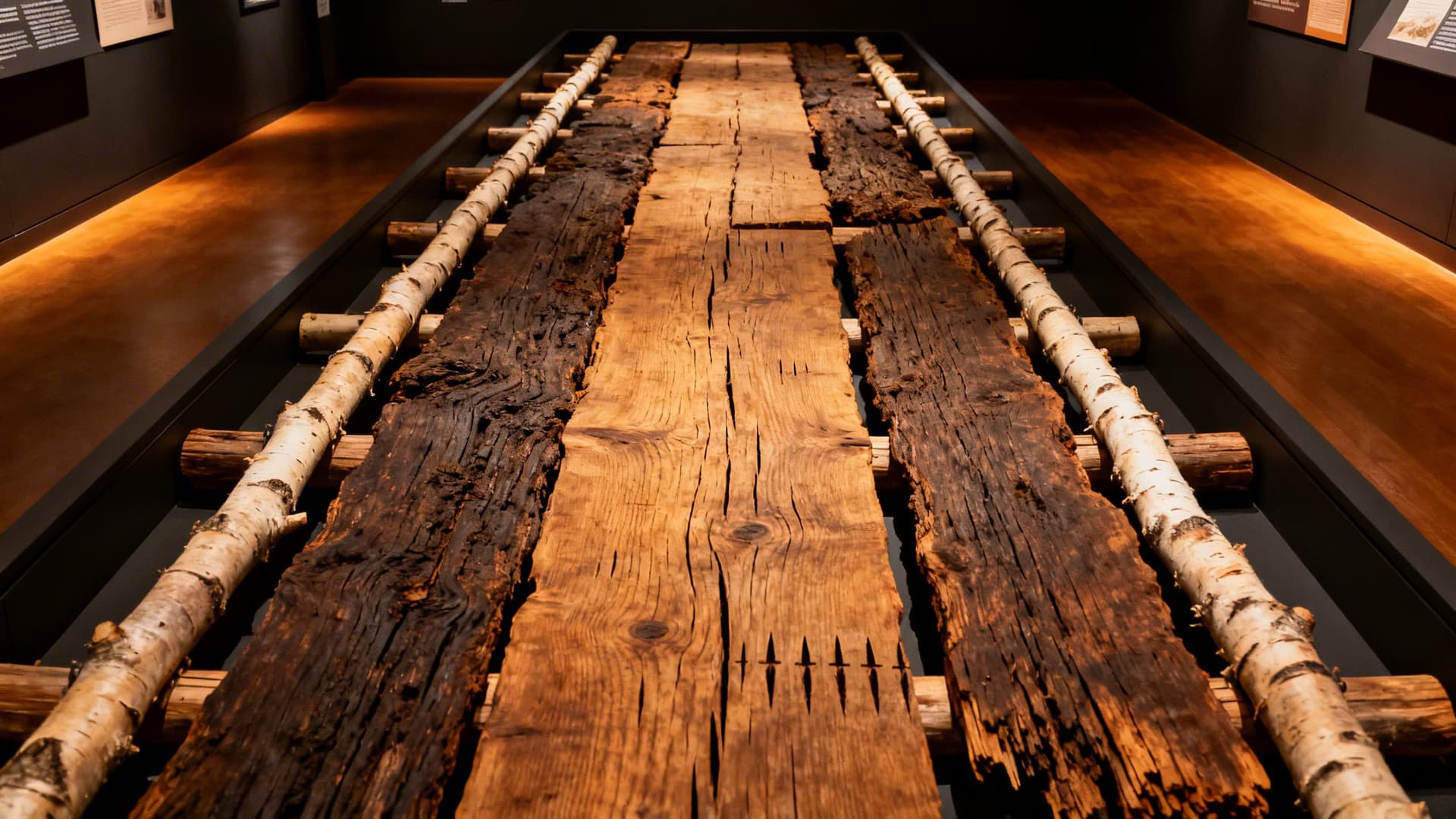Conservation hall displaying Iron Age bog road oak planks in County Longford