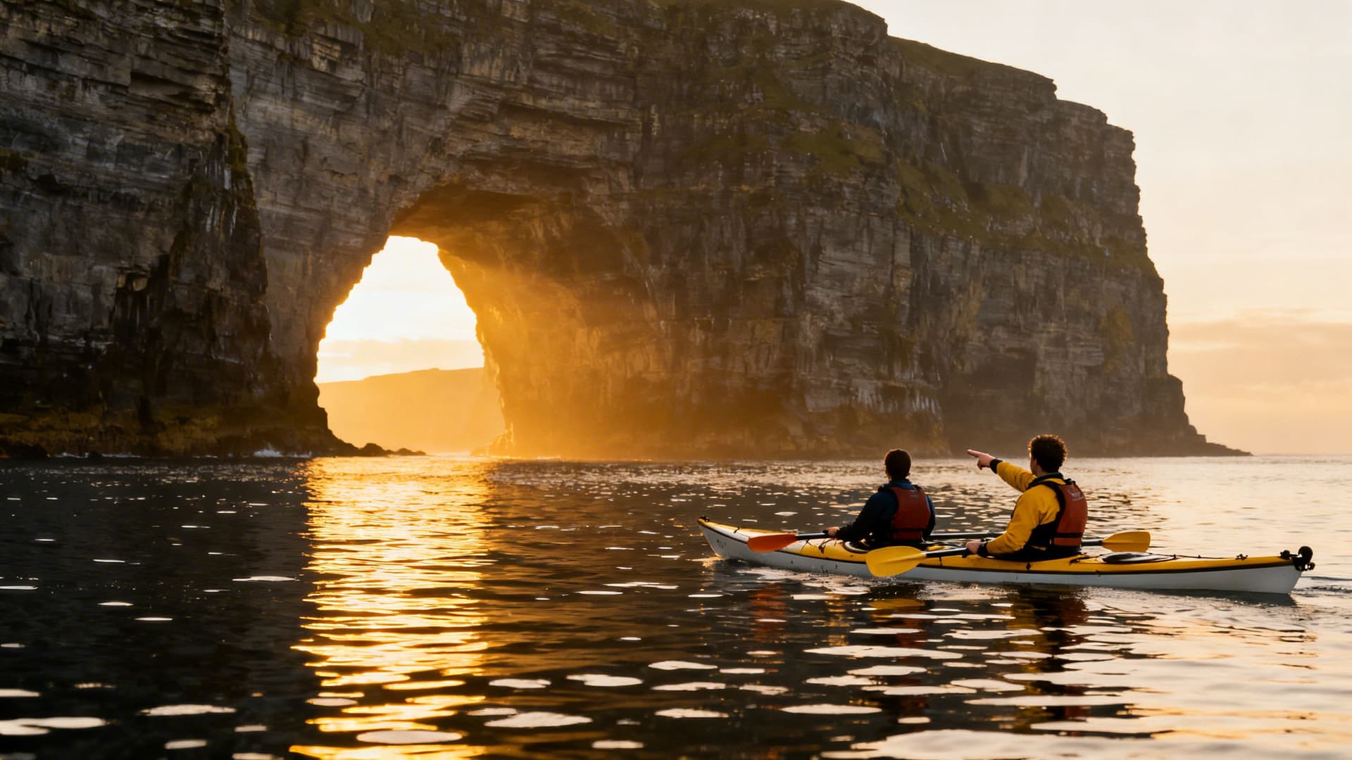 Local sea kayaking guide leading a group along the base of the Cliffs of Moher on the Clare coast