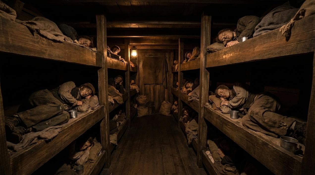 The cramped living conditions below deck on a famine ship.