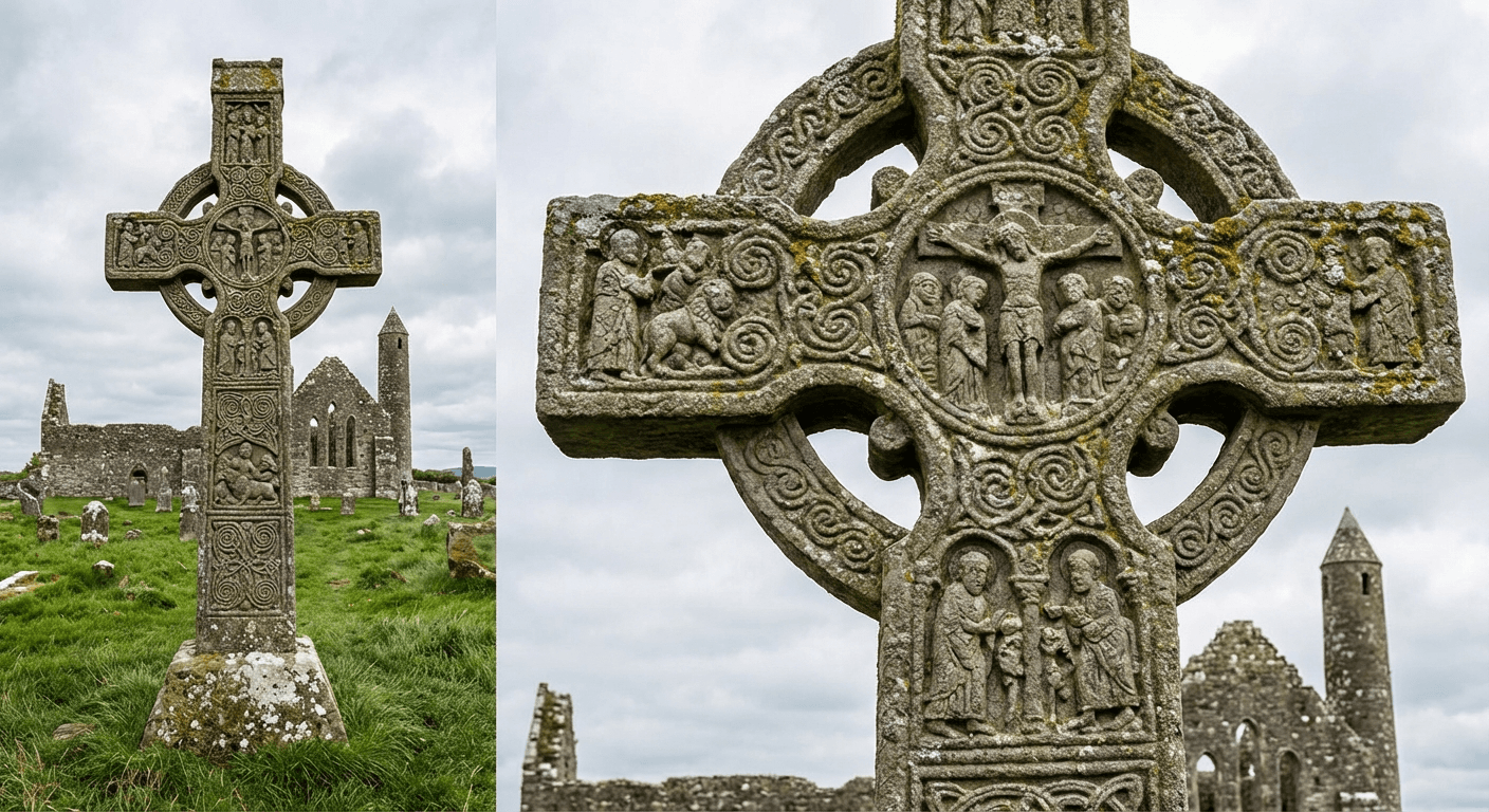 Ancient Irish high cross covered in biblical carvings and Celtic patterns