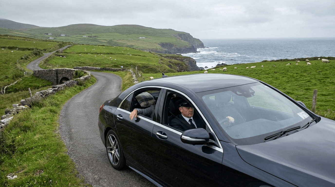 Private car on scenic Irish road with professional driver, safe and comfortable transport