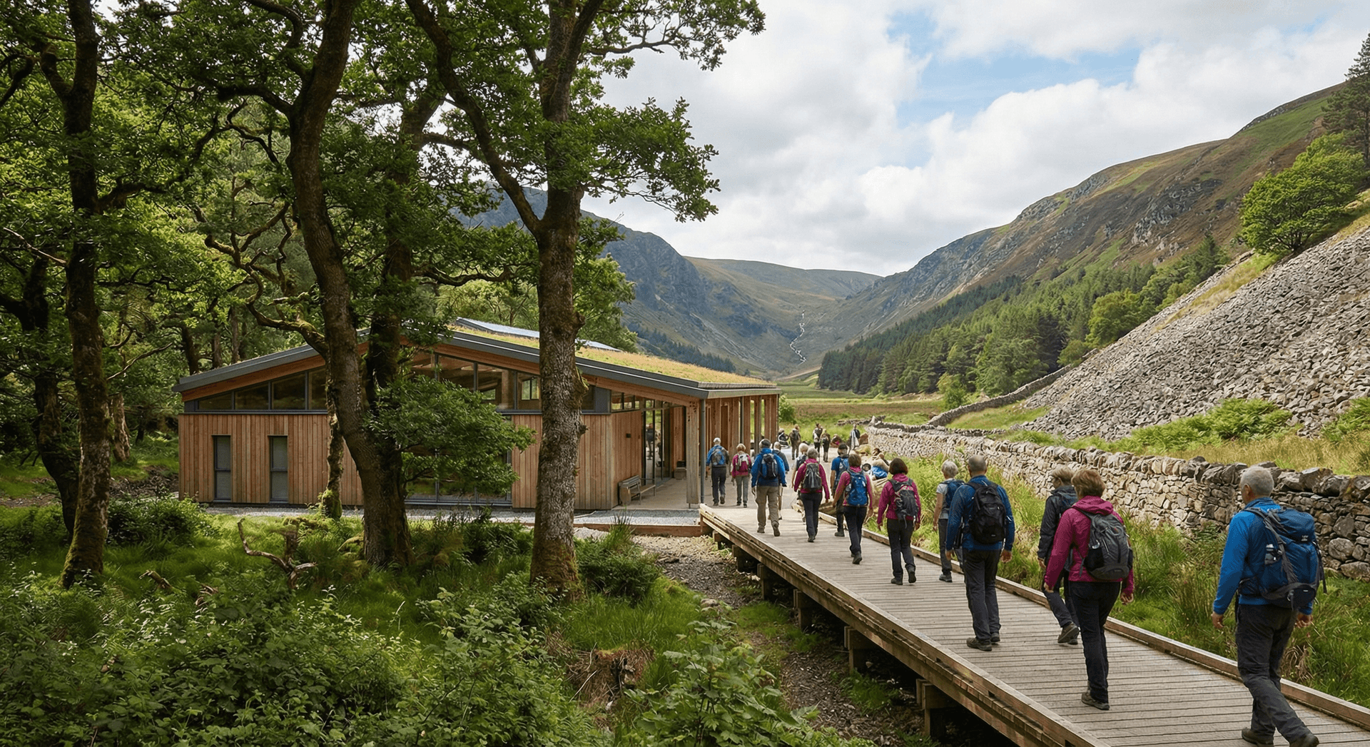 Visitor center at Glendalough with wooden walkway