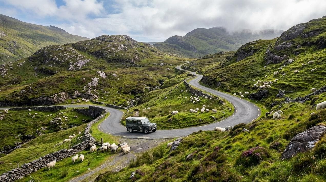The scenic winding road of the Healy Pass on the border of Cork and Kerry.
