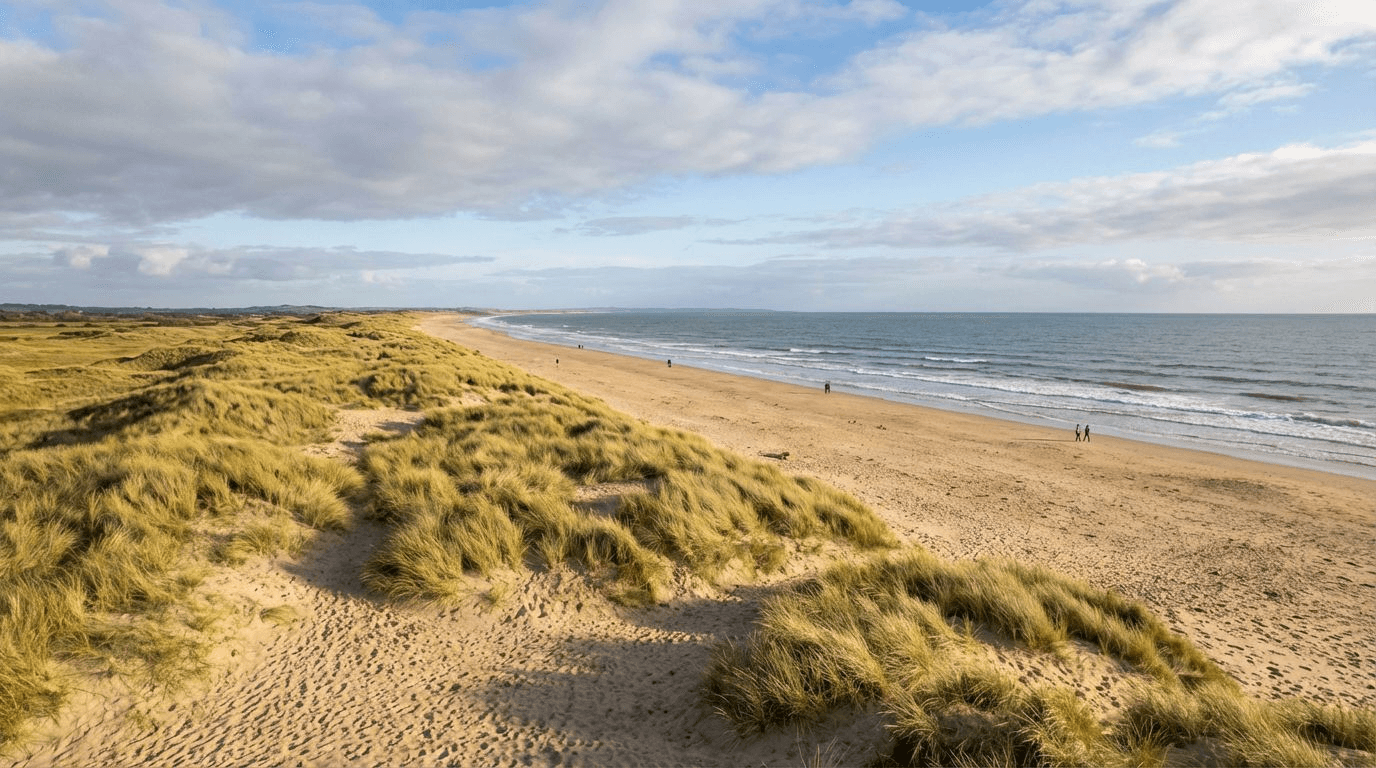 Wide shot of Curracloe Beach showing the scale of sand and dunes, golden beach stretching into distance