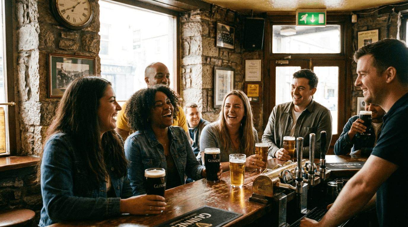 Group of friends at Irish pub bar with pints of beer, engaged in conversation and laughter, warm social atmosphere
