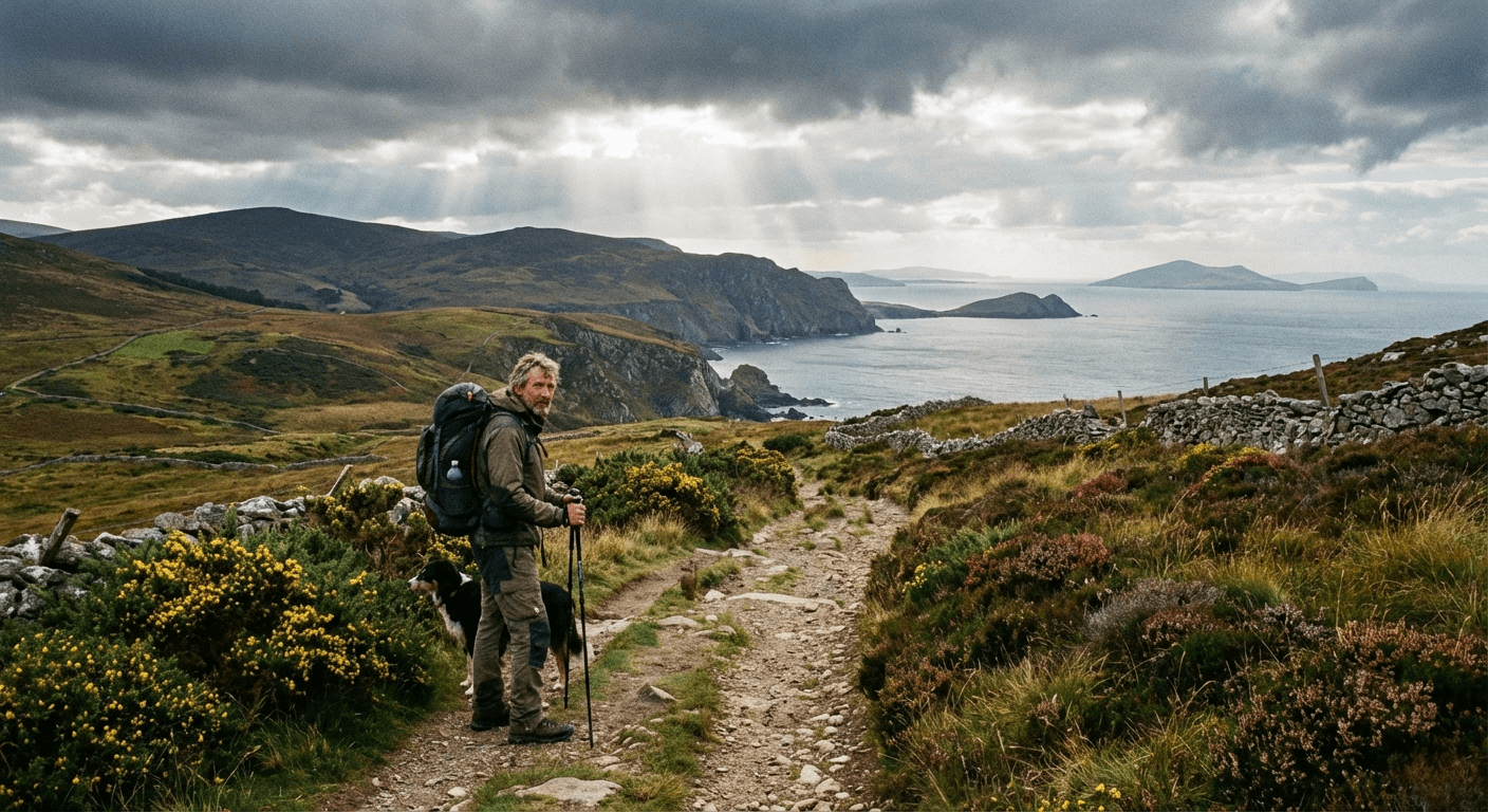 Hiker on mountain trail overlooking Irish coast