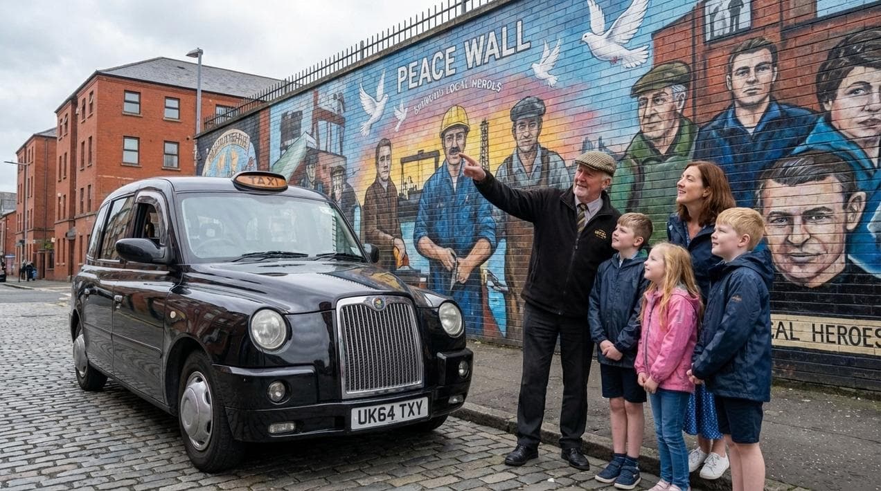 A Black Taxi tour driver explaining the peace wall murals to a family in Belfast.