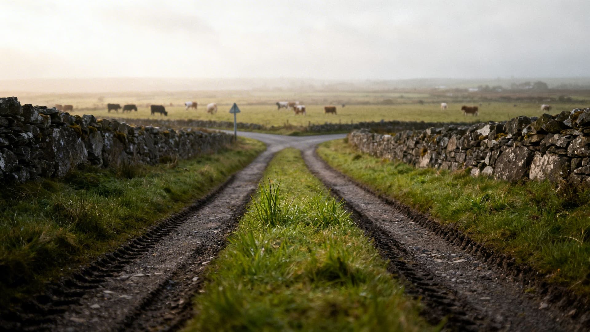 Narrow single-track Irish country lane with grass growing up the centre between stone walls in the Roscommon midlands