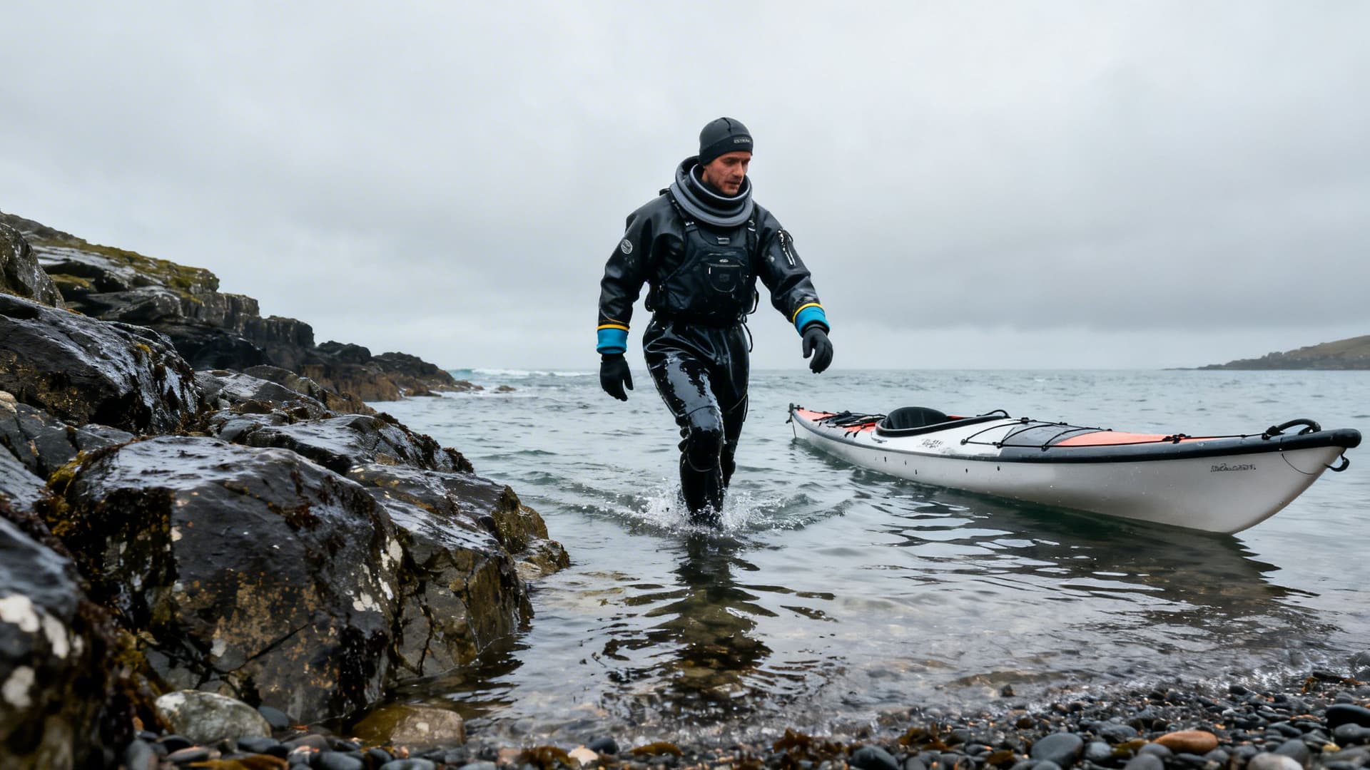 Sea kayaker in full dry suit with visible wrist and neck latex seals wading into shallow Atlantic water from a rocky Irish beach