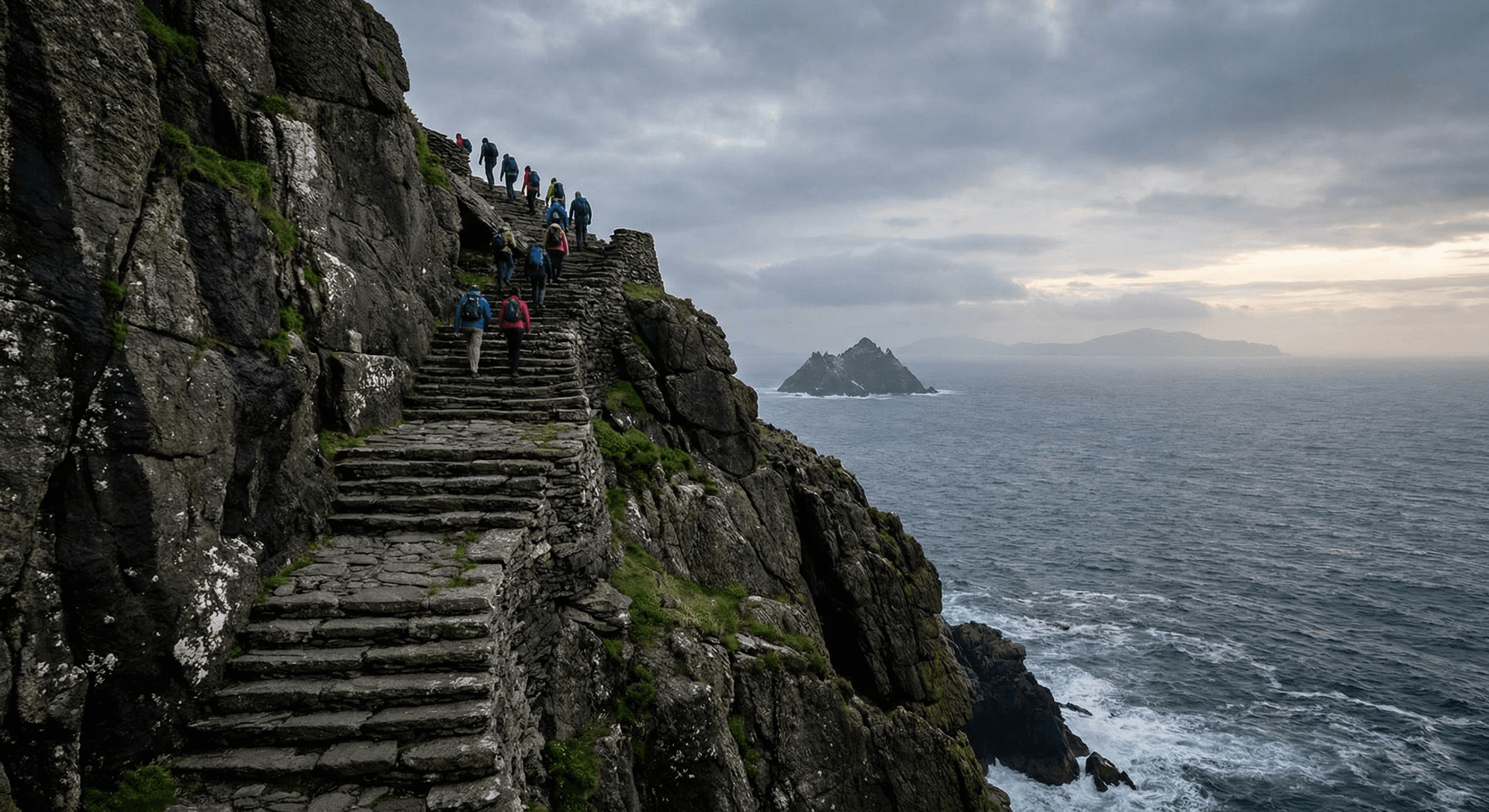 Stone steps pathway ascending steep cliff on Skellig Michael