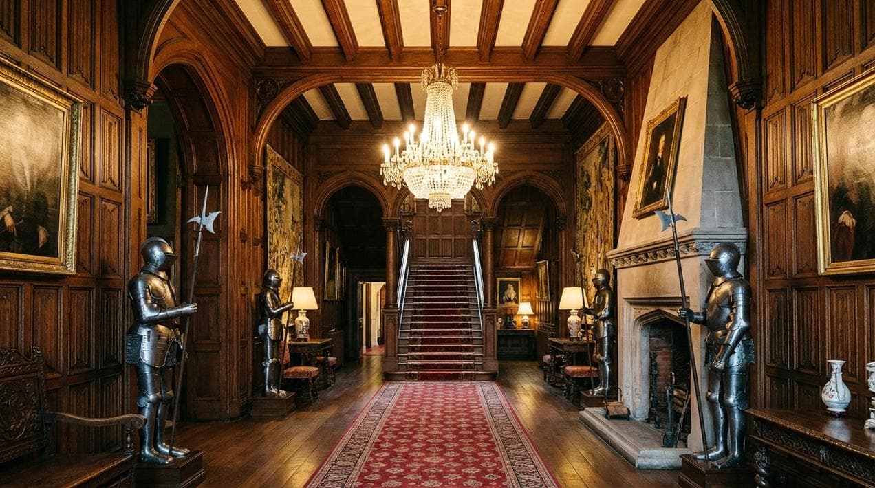 The historic entrance hall of Ashford Castle with suits of armor.