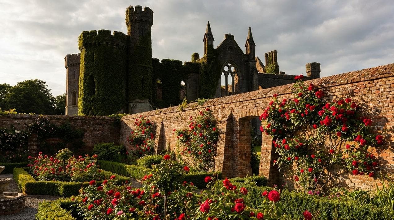 The Walled Garden at Duckett's Grove contrasting with the ruins.