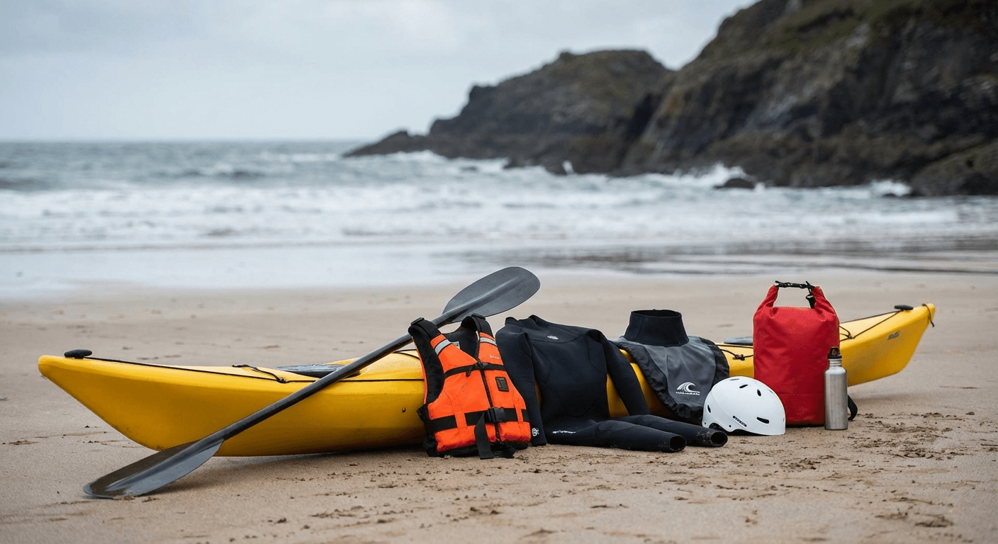 Sea kayaking safety equipment and gear on Irish beach