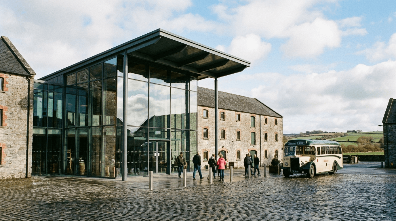 Exterior of Tullamore D.E.W. Visitor Centre with modern glass entrance and historic warehouse buildings, County Offaly setting
