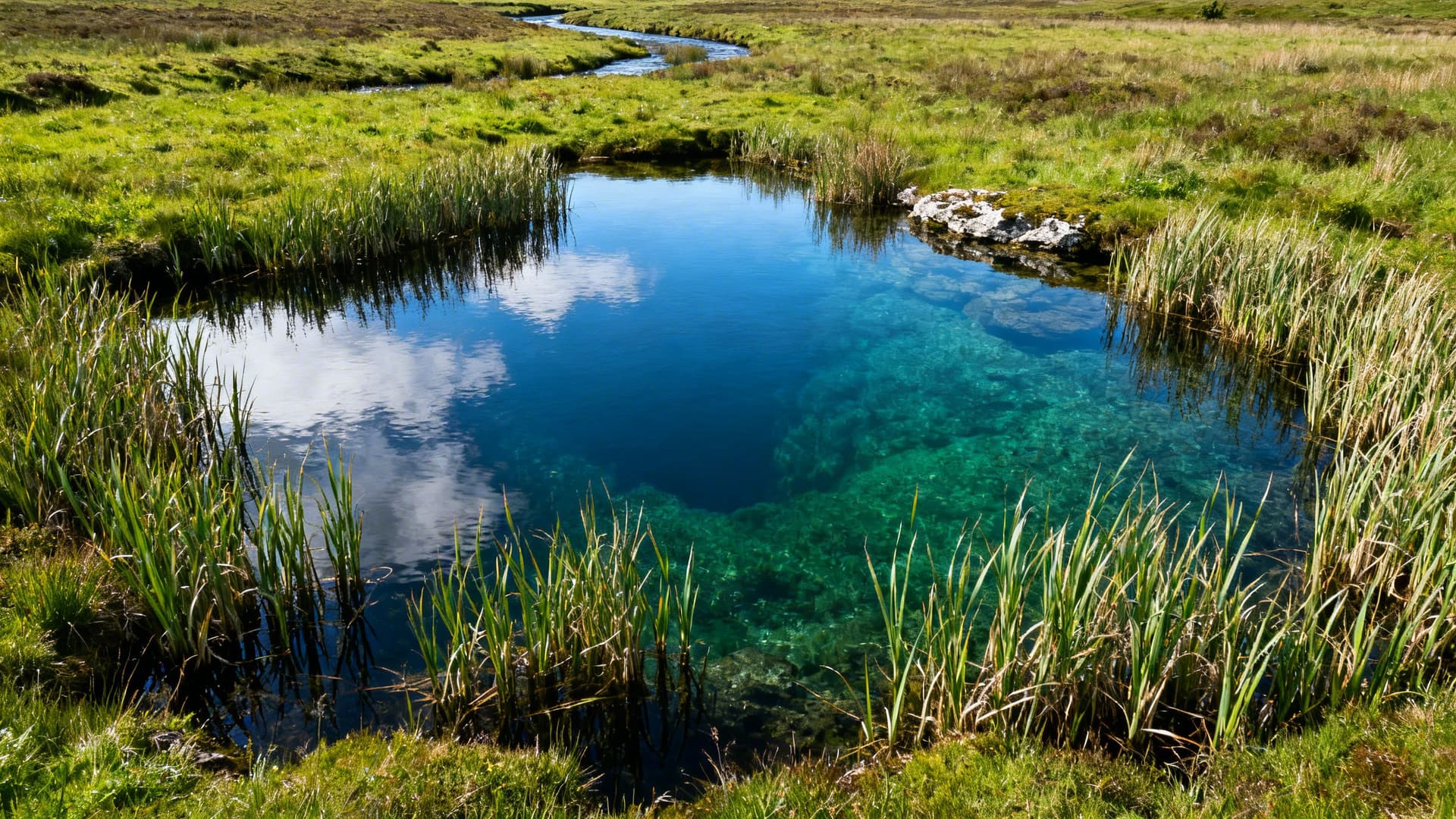 The clear blue-green pool of Shannon Pot where Ireland's longest river emerges from underground limestone near Dowra in County Cavan