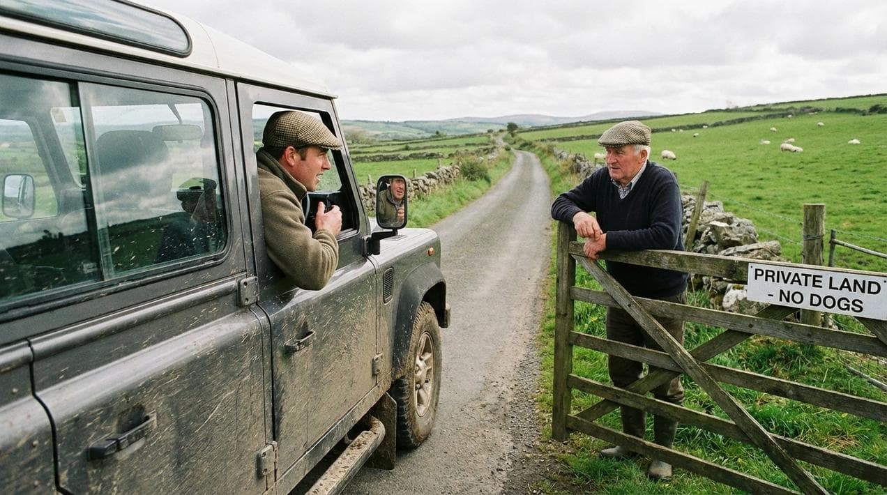 A private driver guide asking a local farmer for directions to an ancestral home.