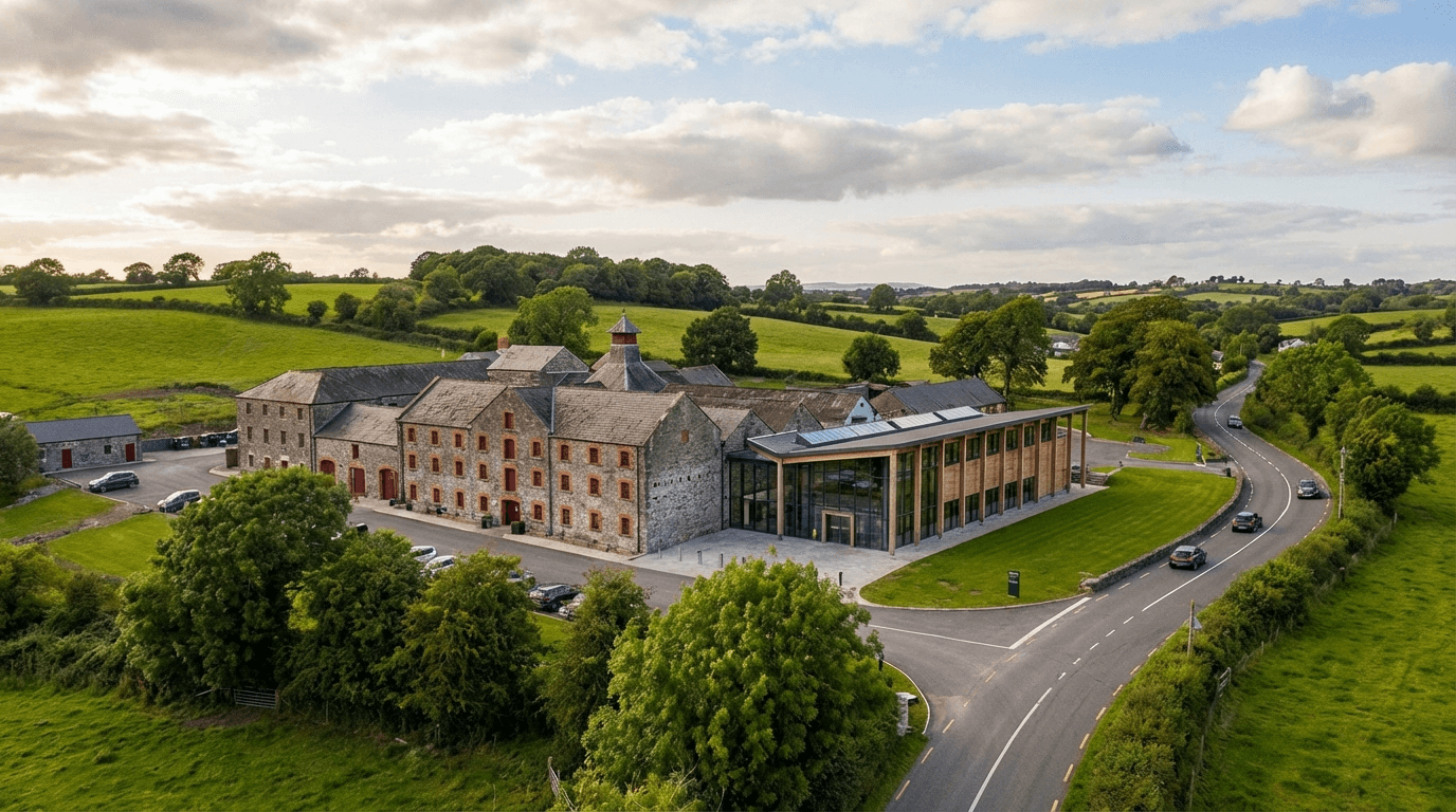 Exterior of Jameson Experience Midleton with modern glass visitor centre attached to historic stone distillery buildings, County Cork countryside