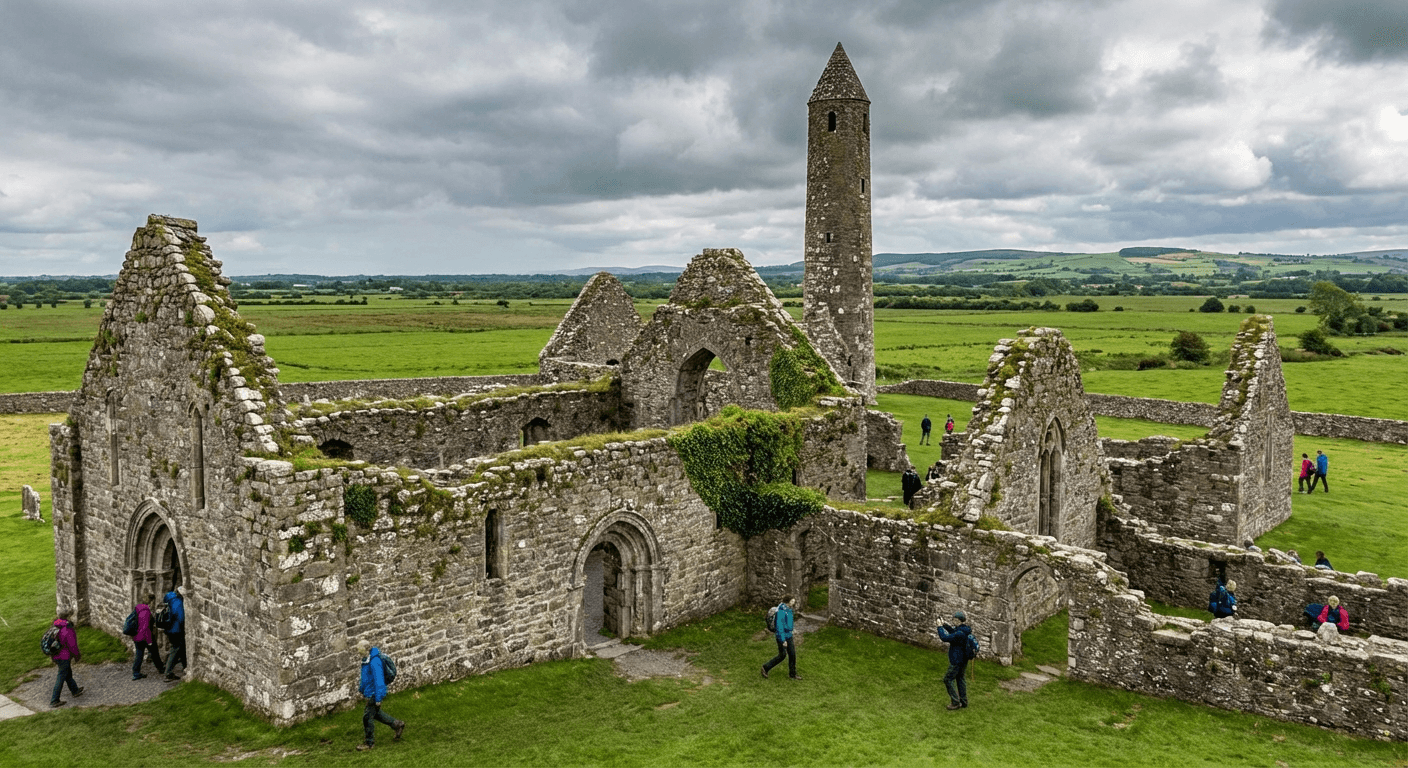 Stone ruins of Clonmacnoise Cathedral with visitors walking among the medieval walls