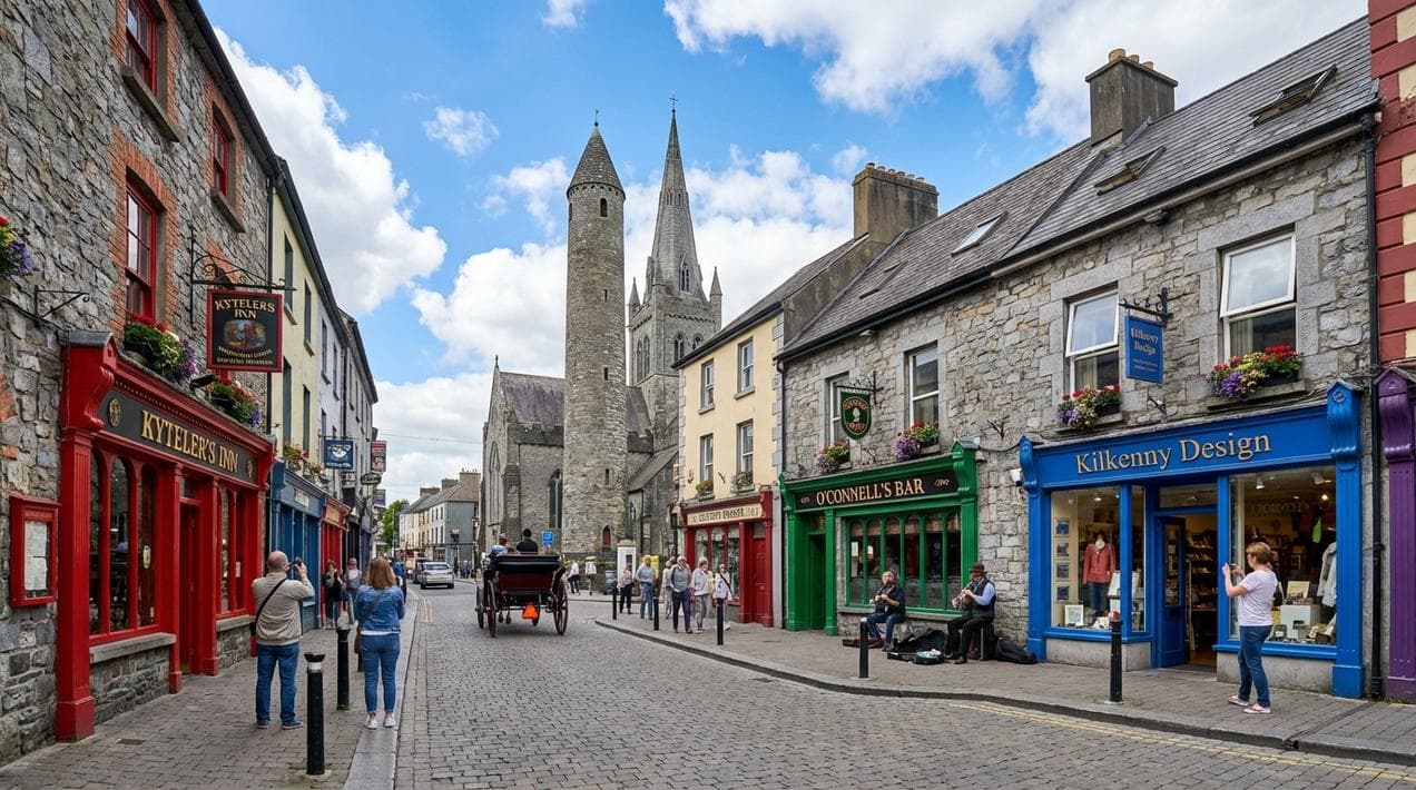 The Medieval Mile in Kilkenny Ireland showing the historic cobblestone street connecting the castle to St Canice's Cathedral