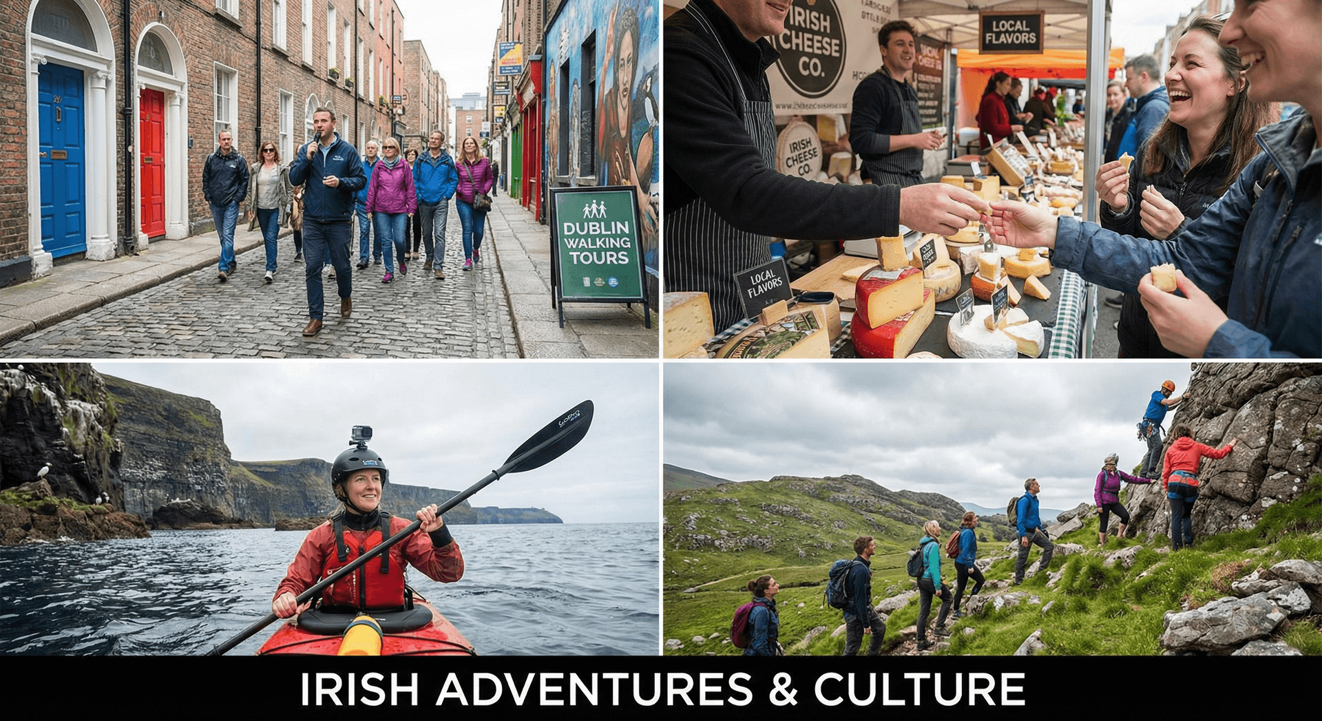 Walking tour Dublin streets, food tour with cheese, kayaking Irish coast