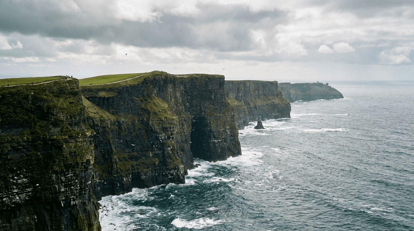 The Cliffs of Moher in County Clare showing the dramatic sea cliffs and Atlantic Ocean