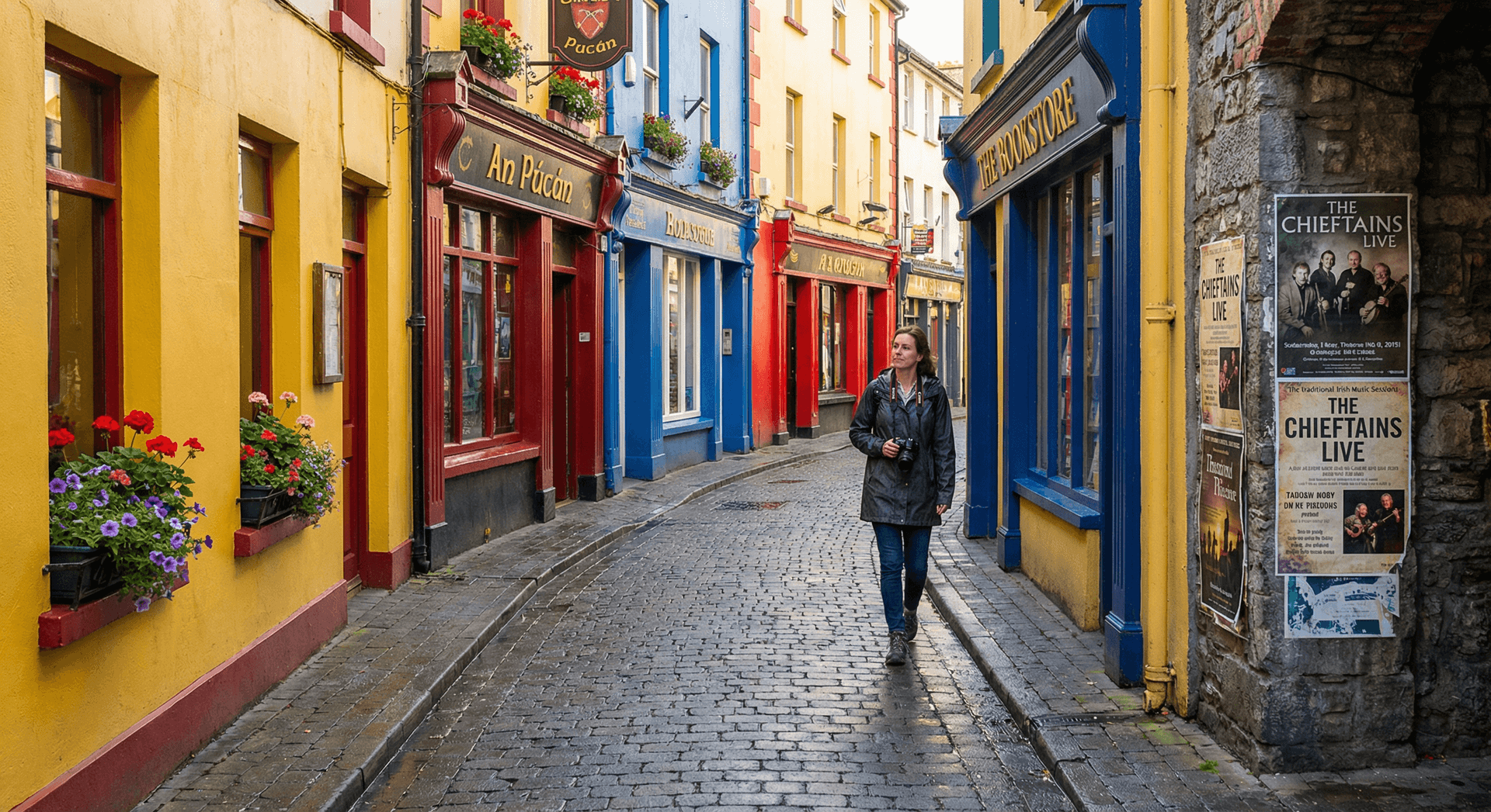Colorful shops on charming street in Galway