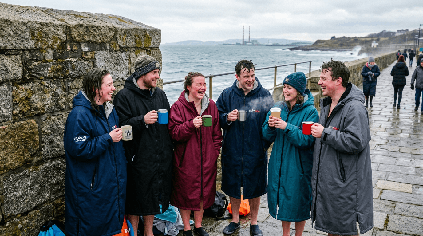 Warming up with coffee and heavy changing robes after a freezing wild swim in Dublin.