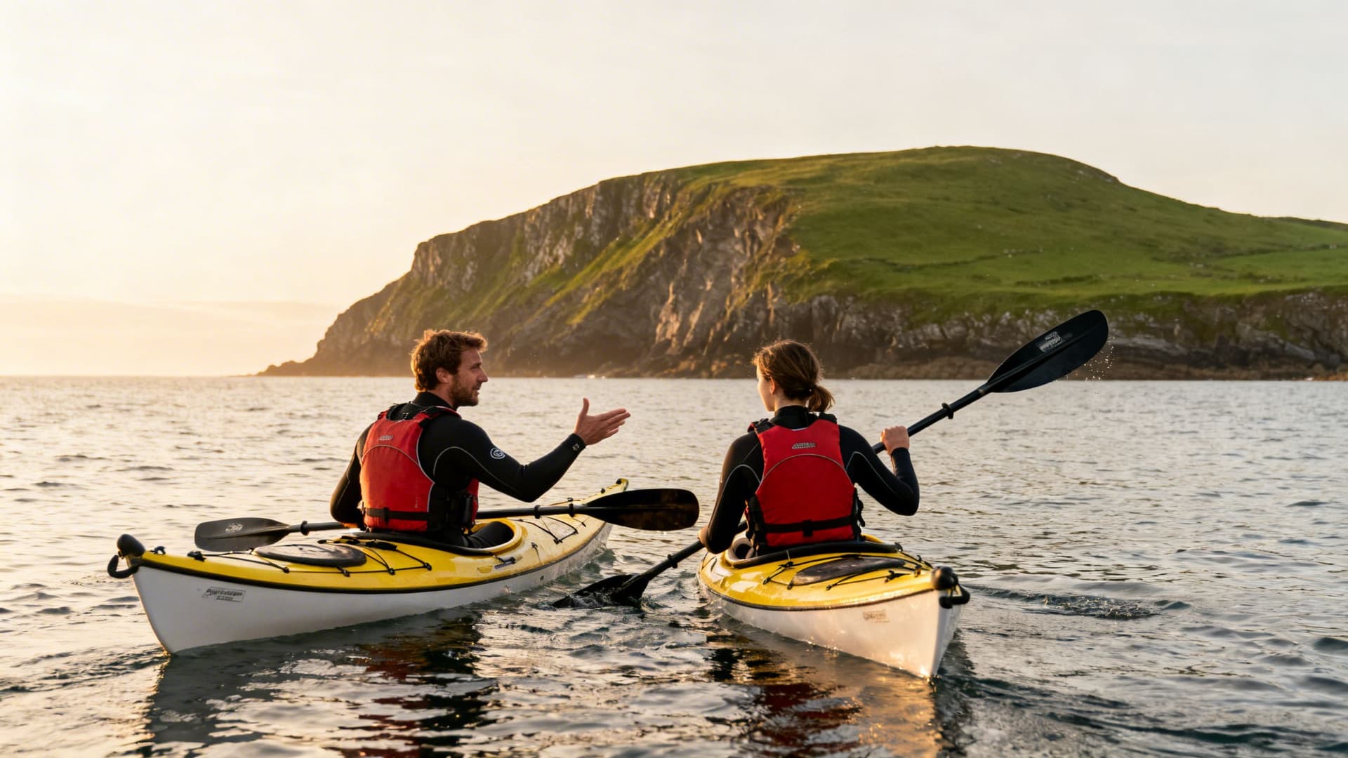 Experienced sea kayaking guide leading a small group of beginners along a sheltered Irish west coast bay, green cliffs and calm water