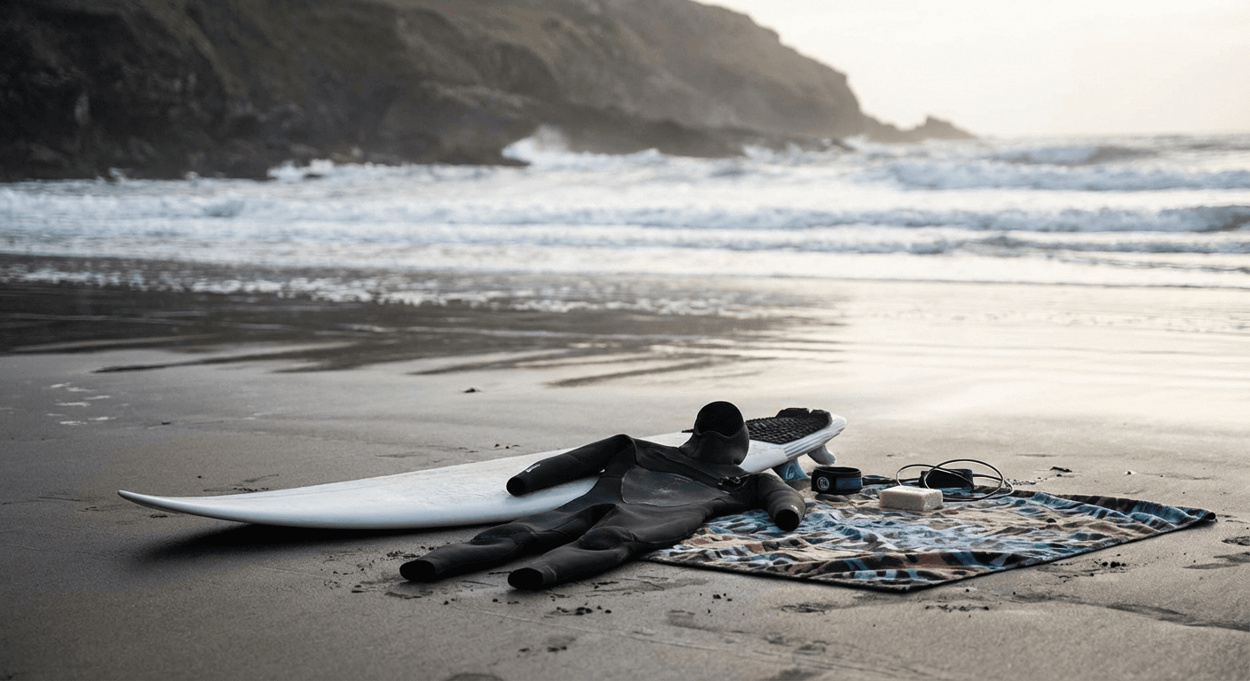 Surfing equipment laid out on sandy Irish beach including surfboard, wetsuit, leash and wax
