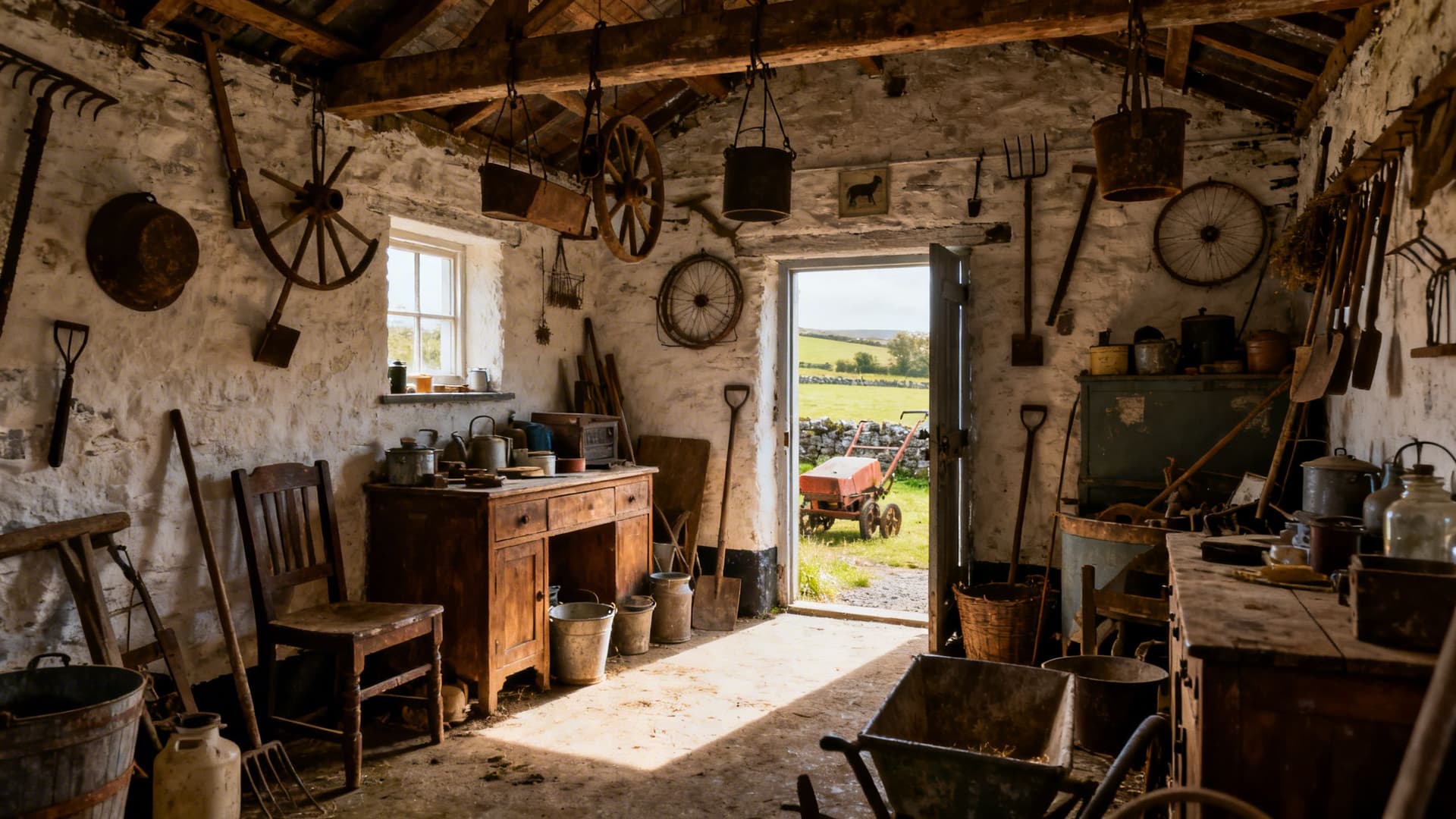 Antique farm implements and domestic objects displayed inside the restored outbuildings of Derryglad Folk Museum